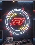 Néon LED mural logo F1 Formule 1 allumé, déco garage passionné de course