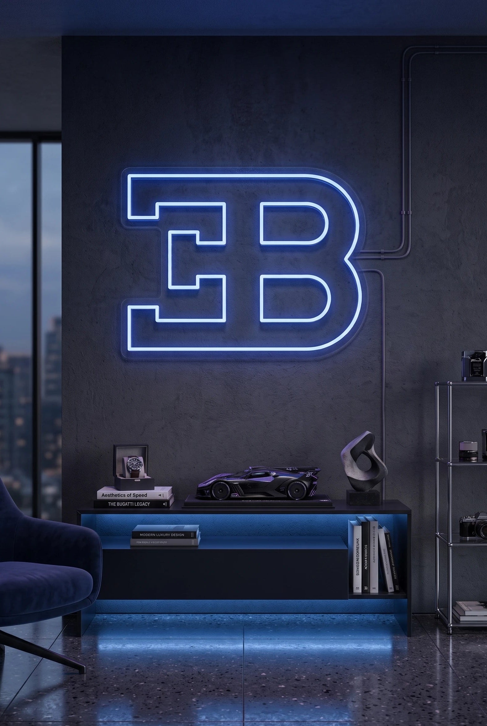 Néon LED mural monogramme EB Bugatti allumé dans un salon, déco hypercar