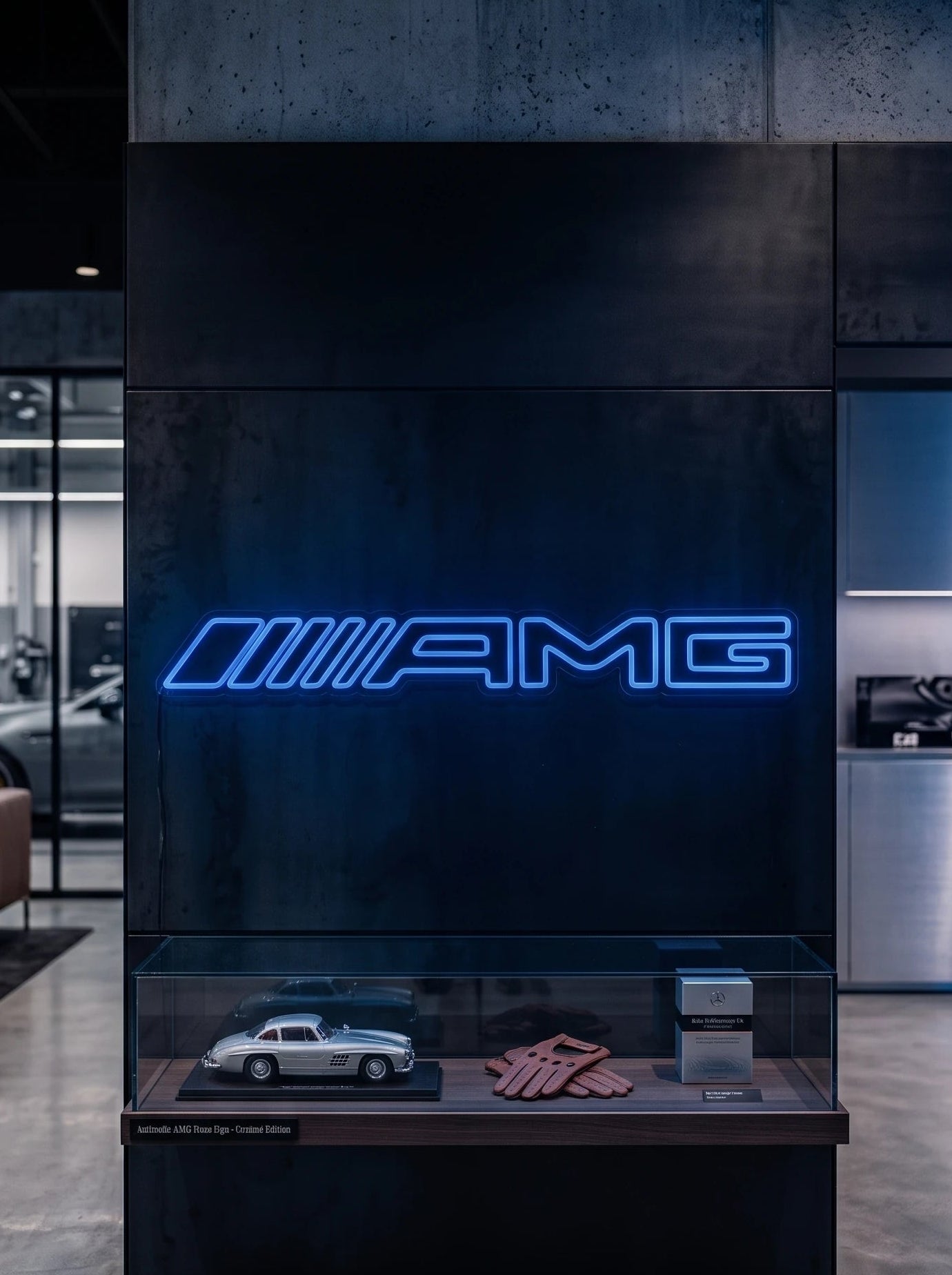 Néon LED mural logo AMG allumé dans un showroom, déco garage voiture sportive