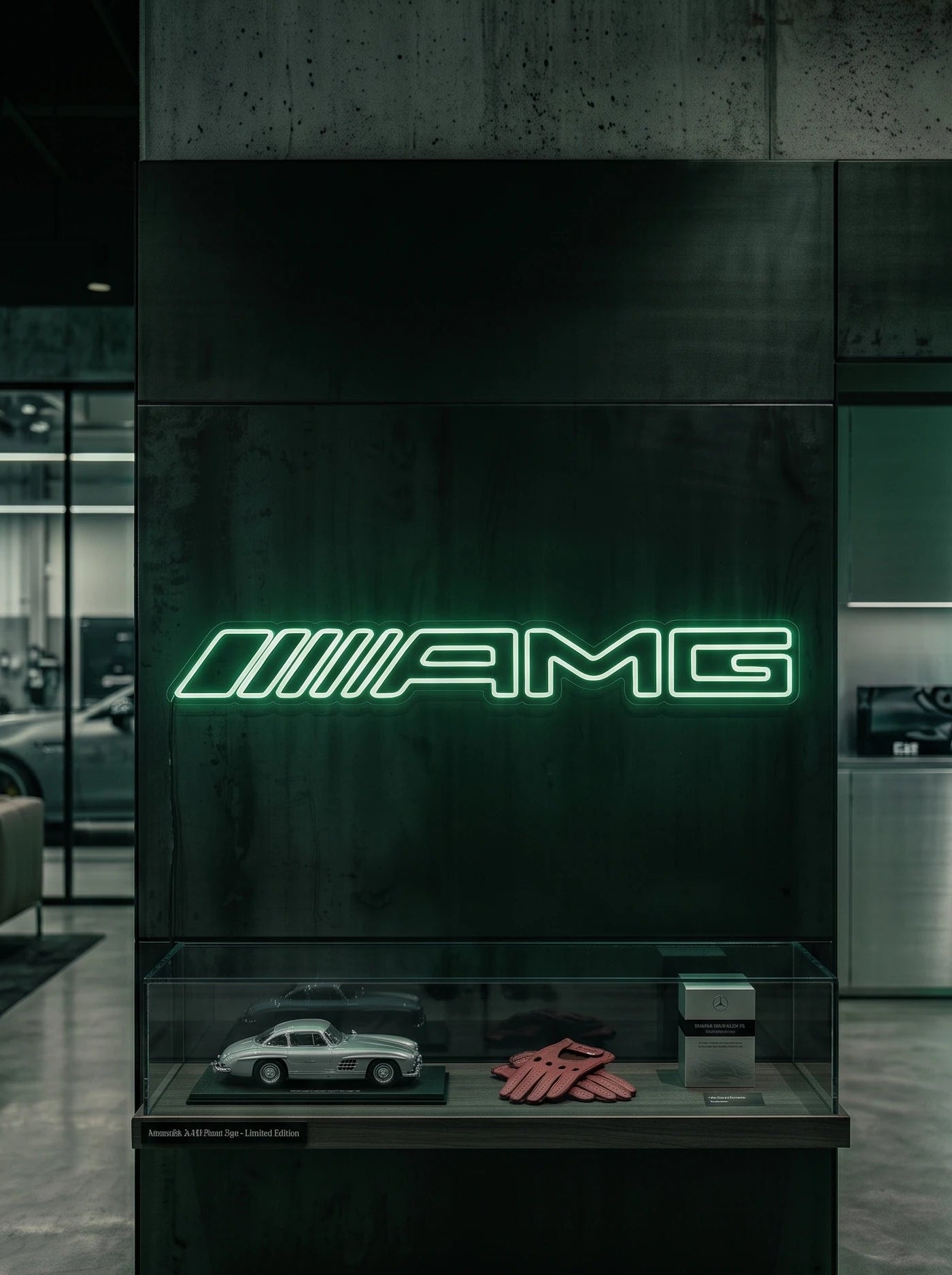 Néon LED mural logo AMG allumé dans un showroom, déco garage voiture sportive