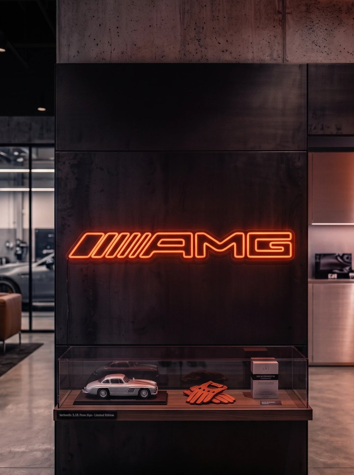 Néon LED mural logo AMG allumé dans un showroom, déco garage voiture sportive