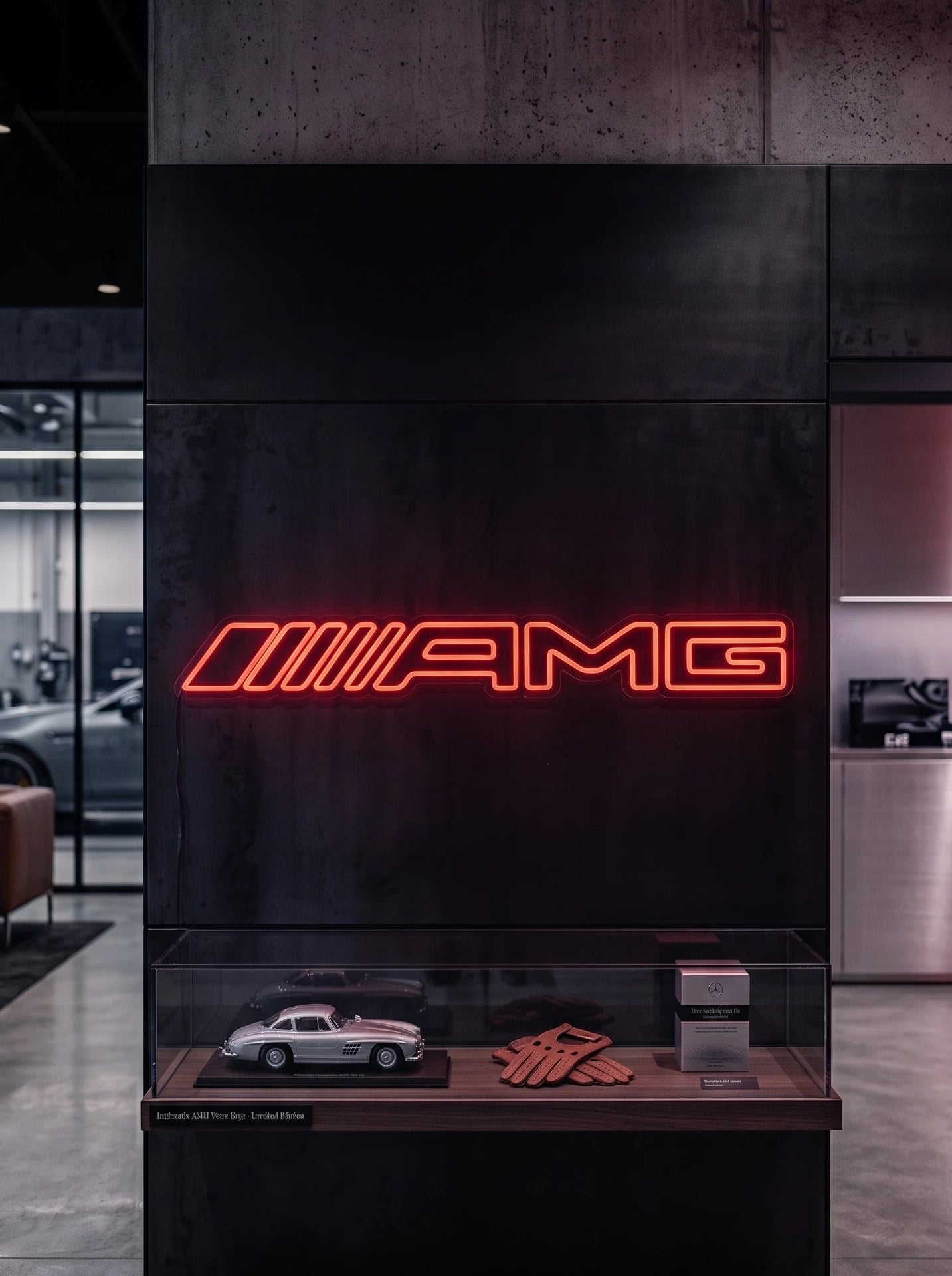 Néon LED mural logo AMG allumé dans un showroom, déco garage voiture sportive