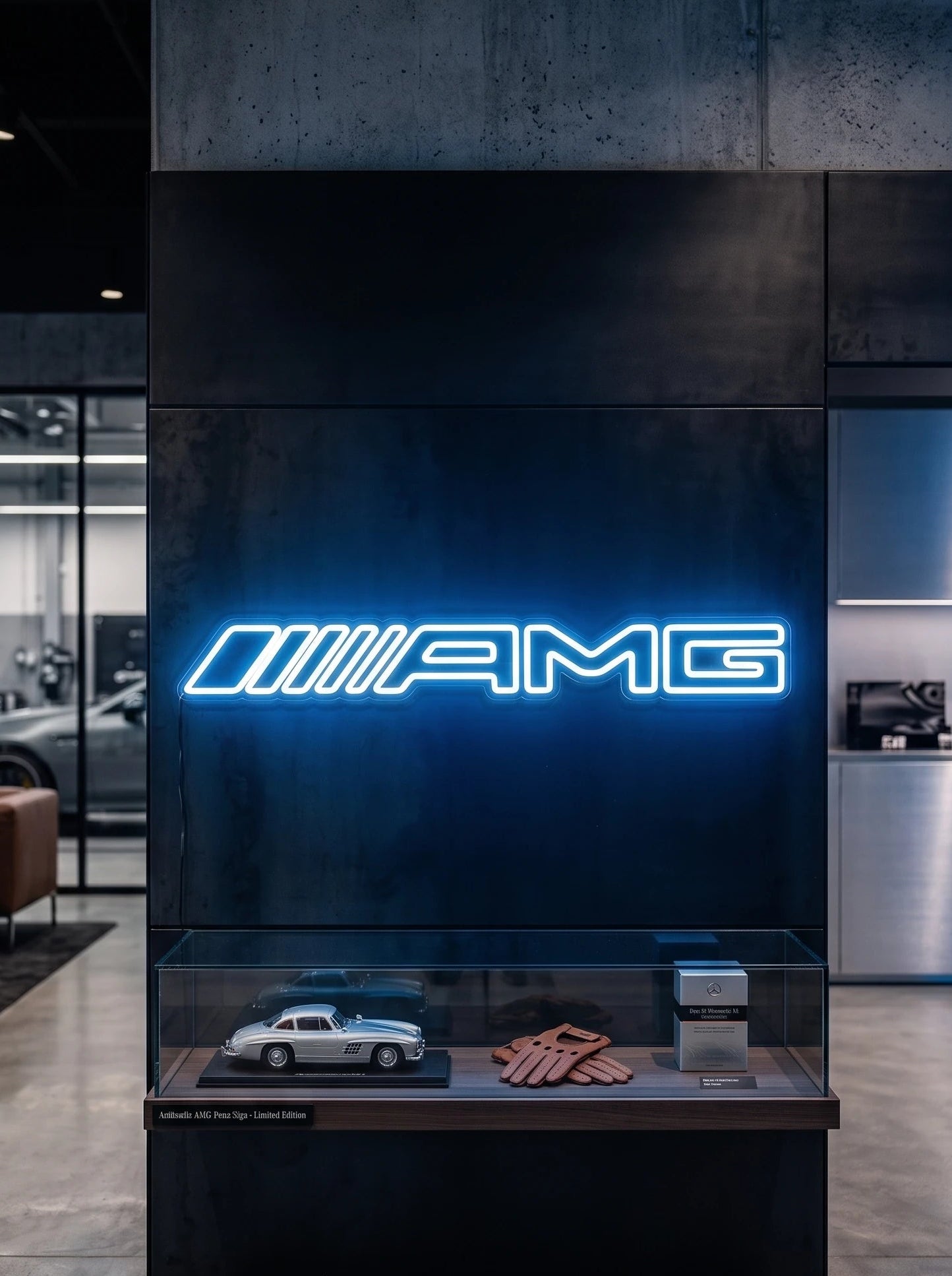 Néon LED mural logo AMG allumé dans un showroom, déco garage voiture sportive