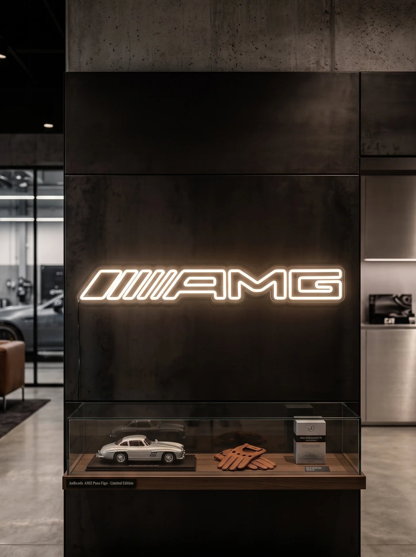 Néon LED mural logo AMG allumé dans un showroom, déco garage voiture sportive
