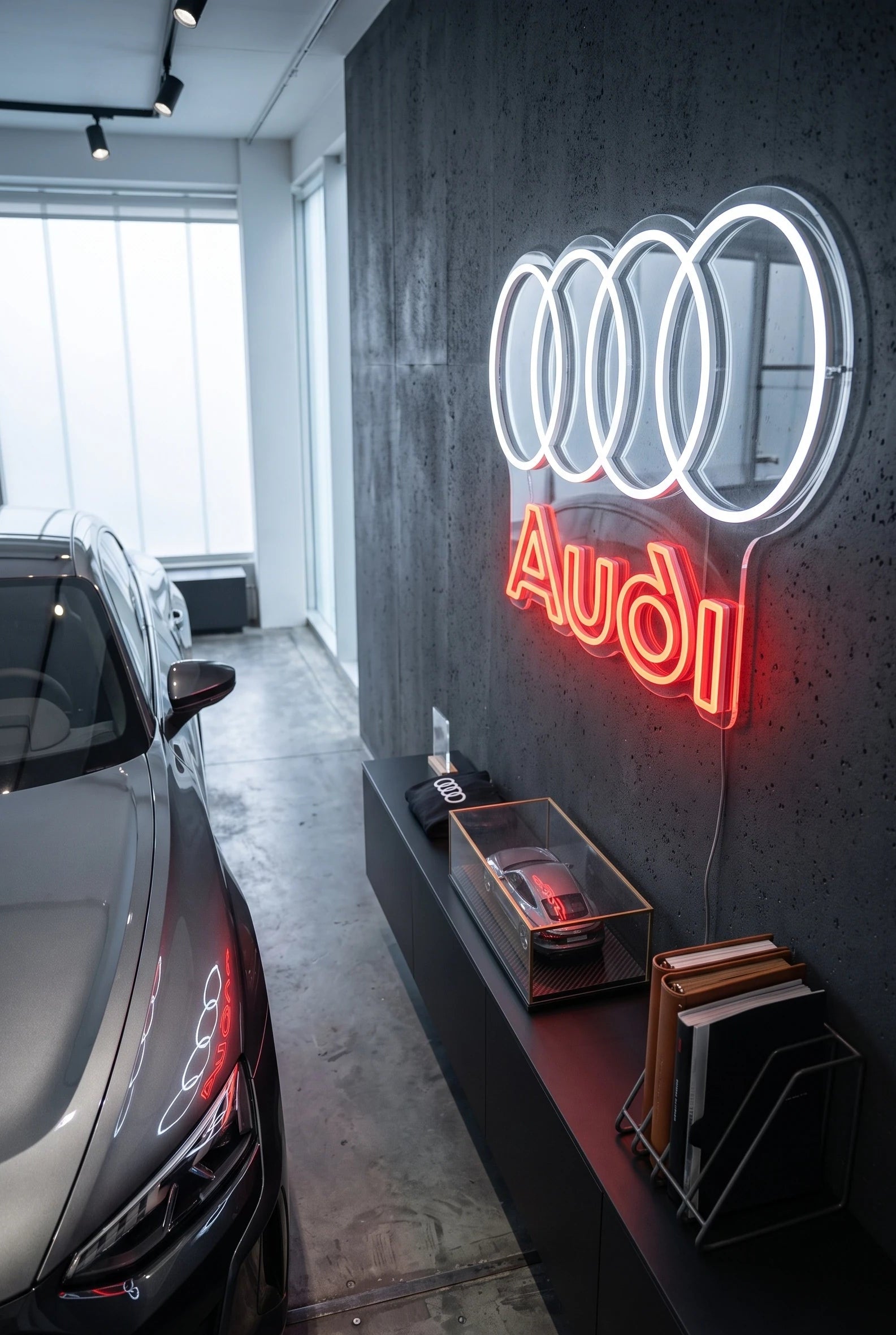 Néon LED mural logo Audi quatre anneaux allumé dans un showroom, déco garage