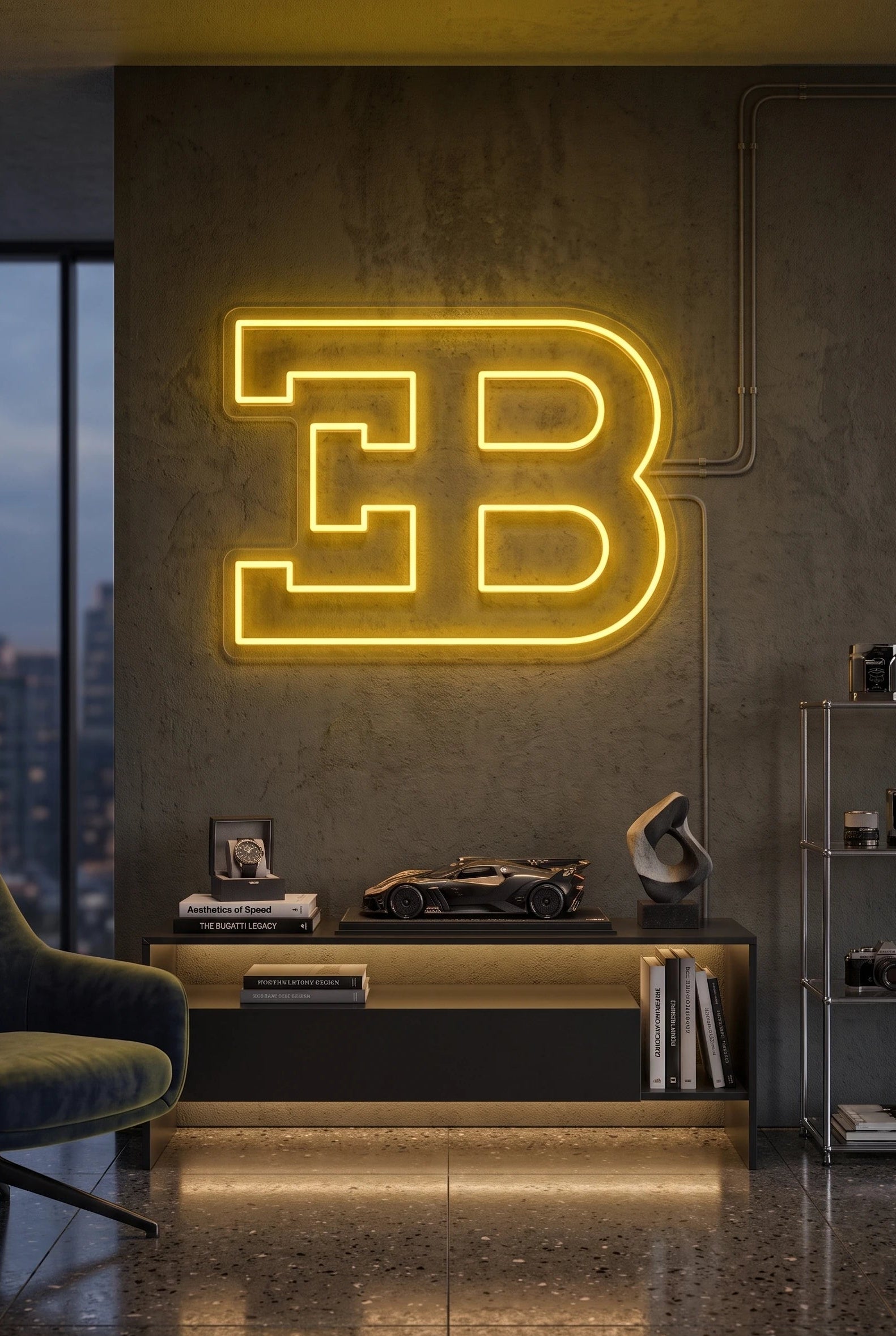 Néon LED mural monogramme EB Bugatti allumé dans un salon, déco hypercar