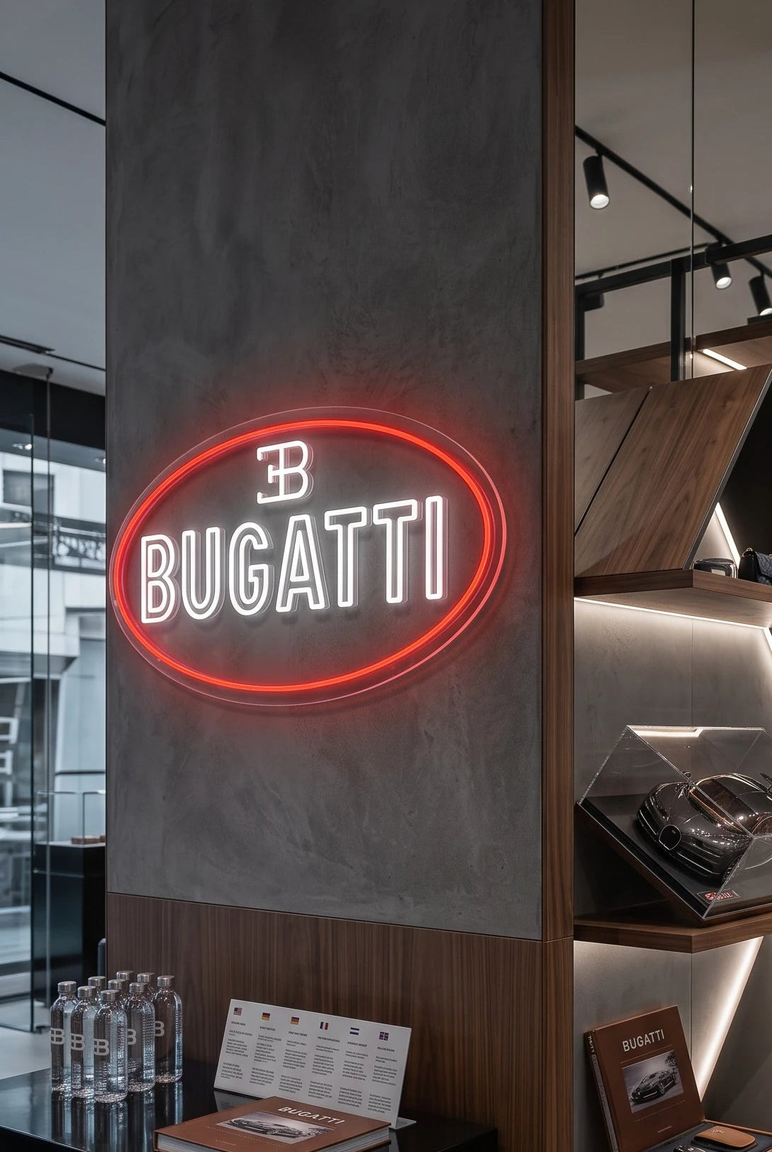 Néon LED mural au logo Bugatti allumé dans un showroom, déco garage hypercar