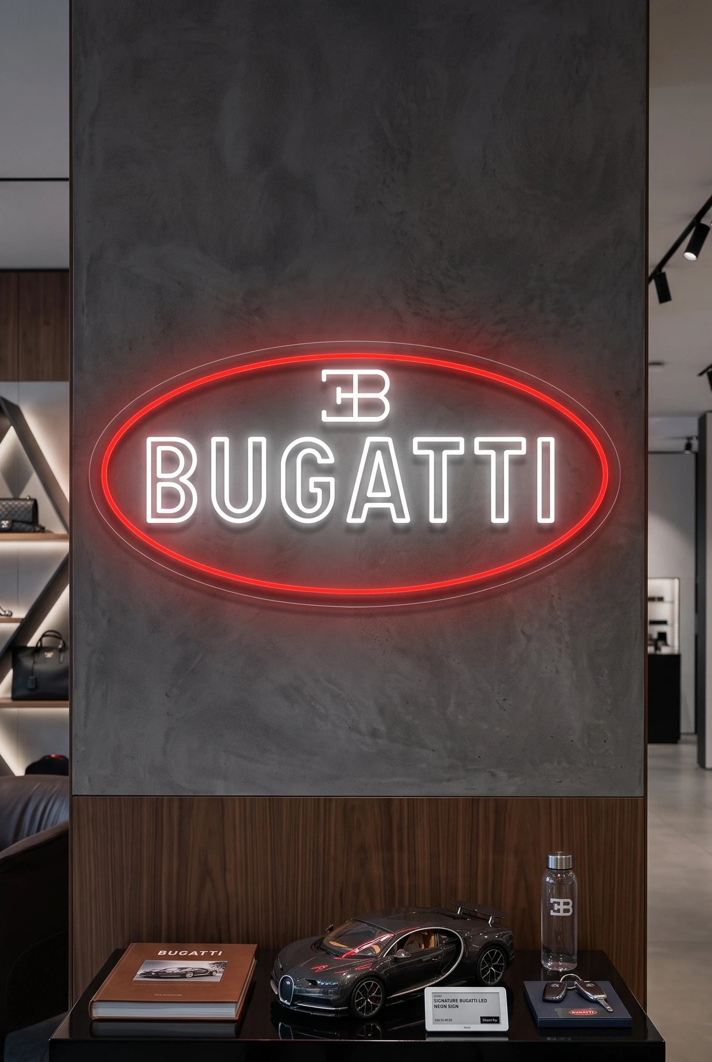 Néon LED mural au logo Bugatti allumé dans un showroom, déco garage hypercar
