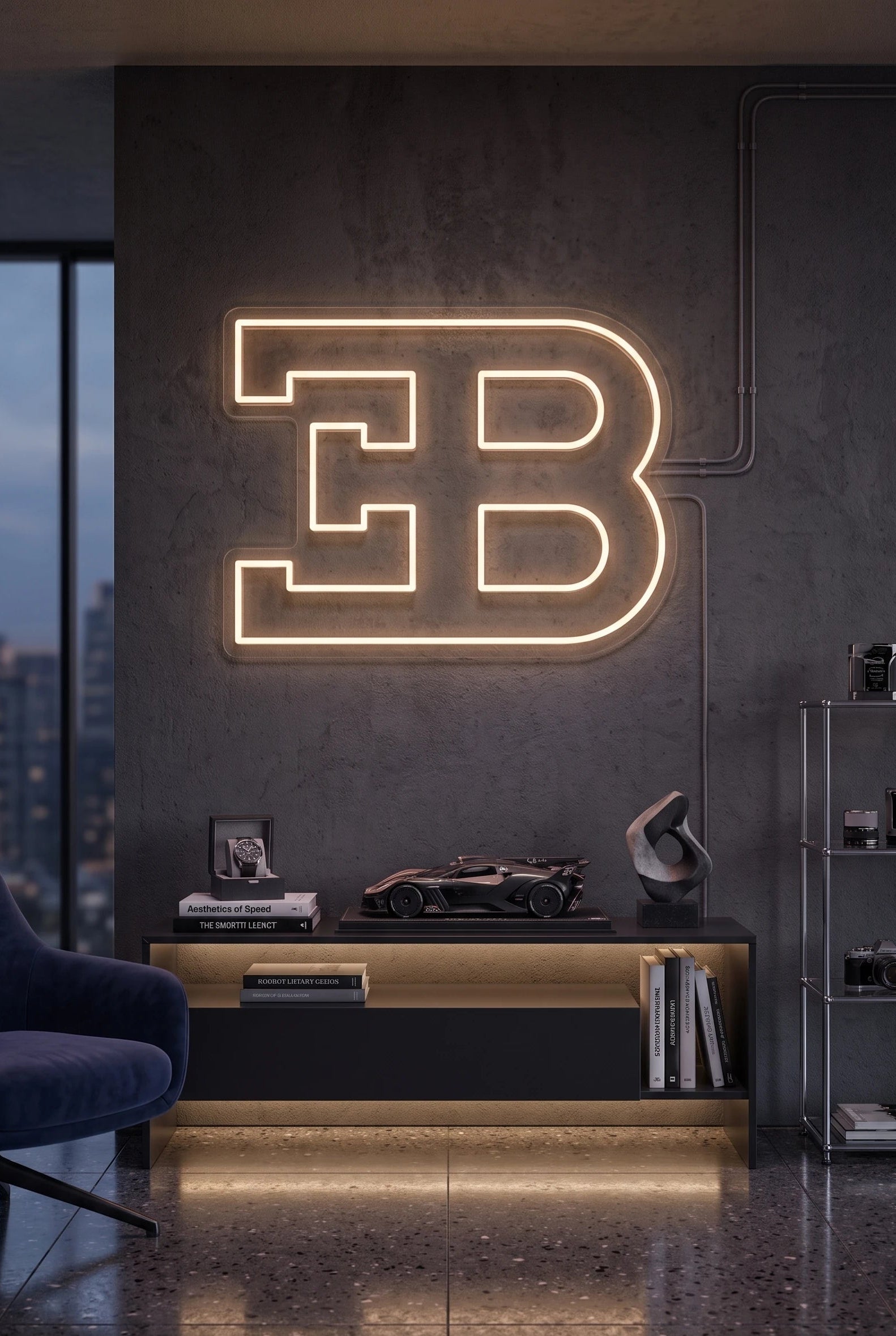 Néon LED mural monogramme EB Bugatti allumé dans un salon, déco hypercar