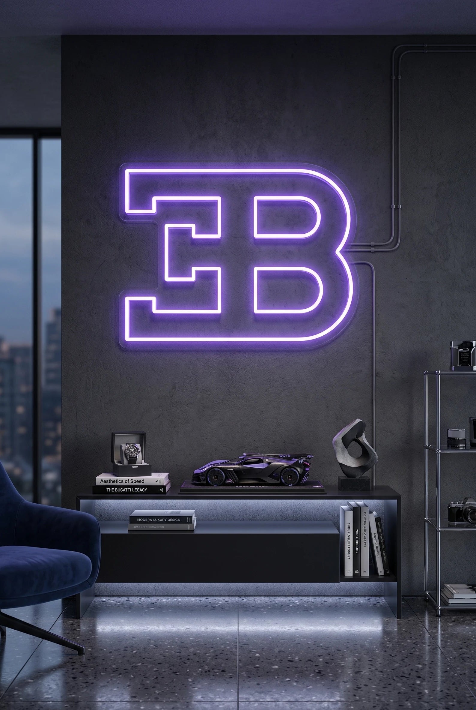 Néon LED mural monogramme EB Bugatti allumé dans un salon, déco hypercar