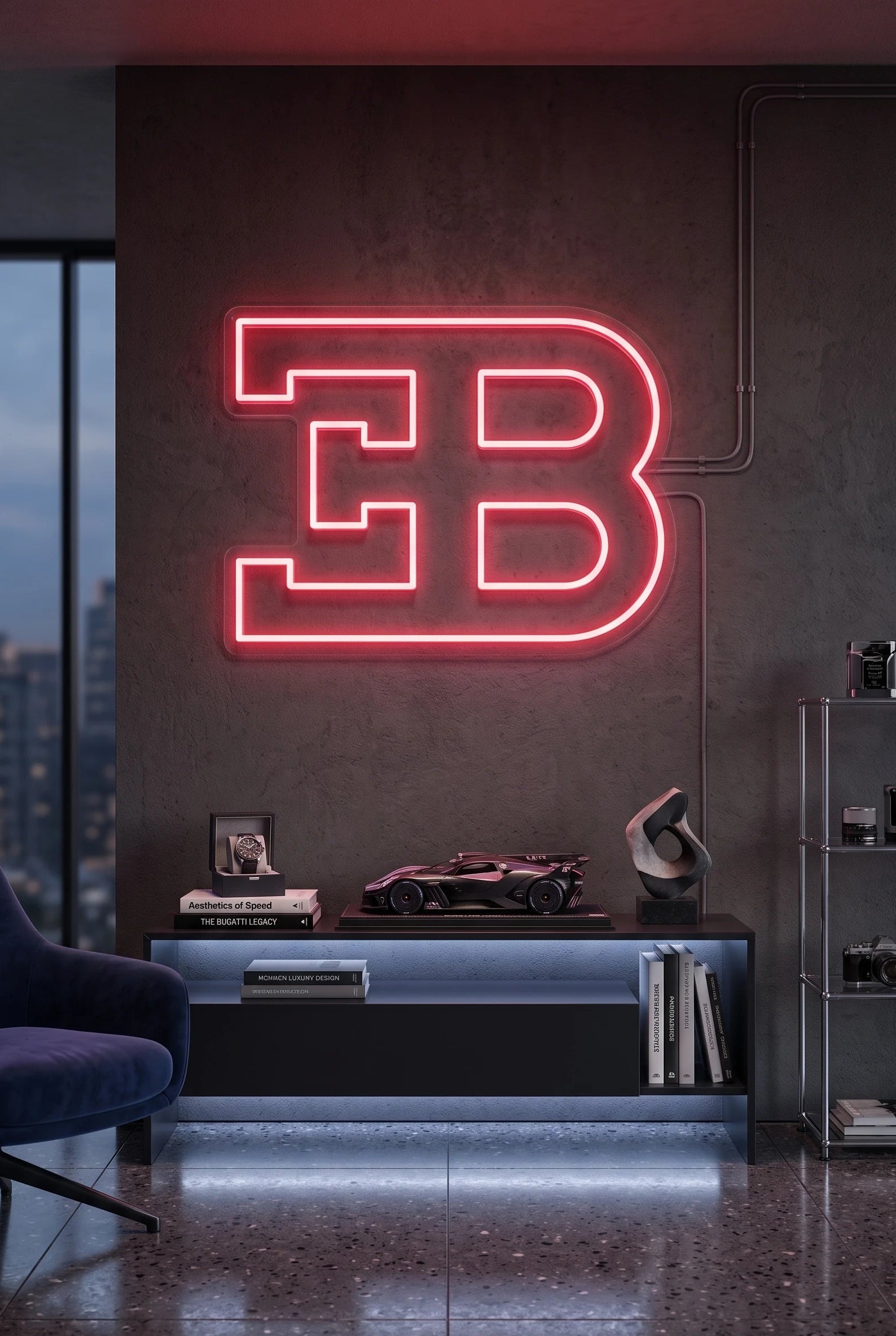 Néon LED mural monogramme EB Bugatti allumé dans un salon, déco hypercar