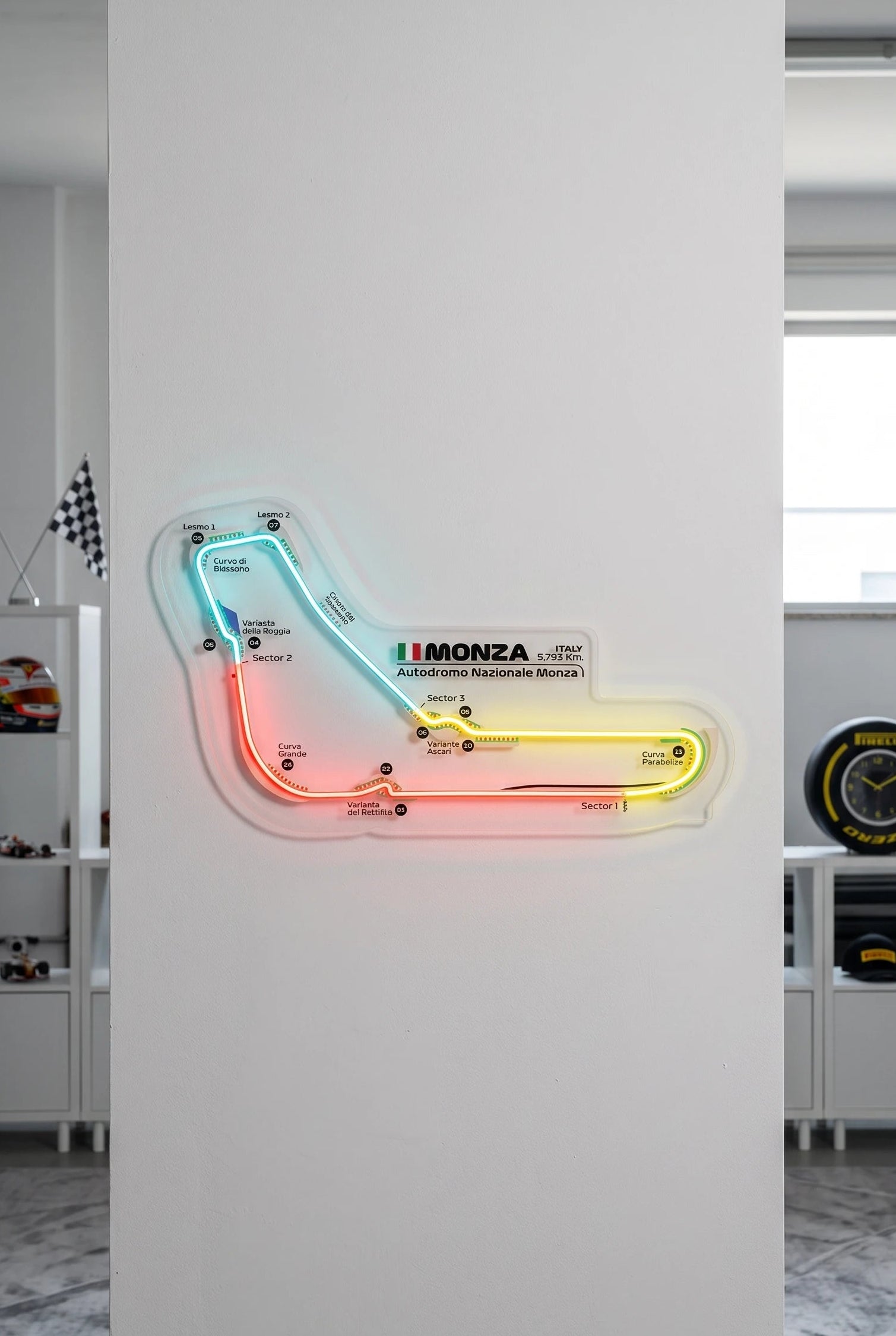 Néon LED mural tracé du circuit de Monza F1, déco garage passionné de course