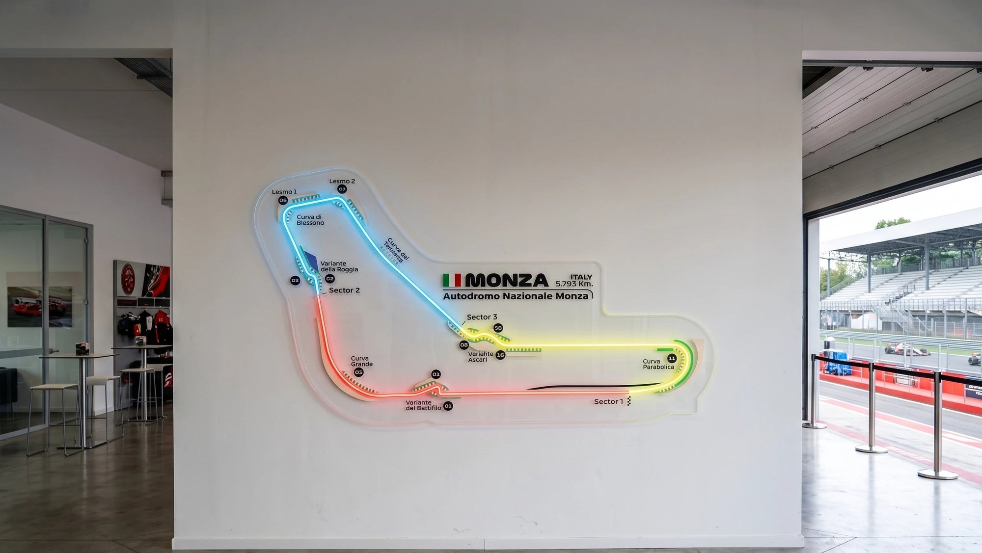 Néon LED mural tracé du circuit de Monza F1, déco garage passionné de course