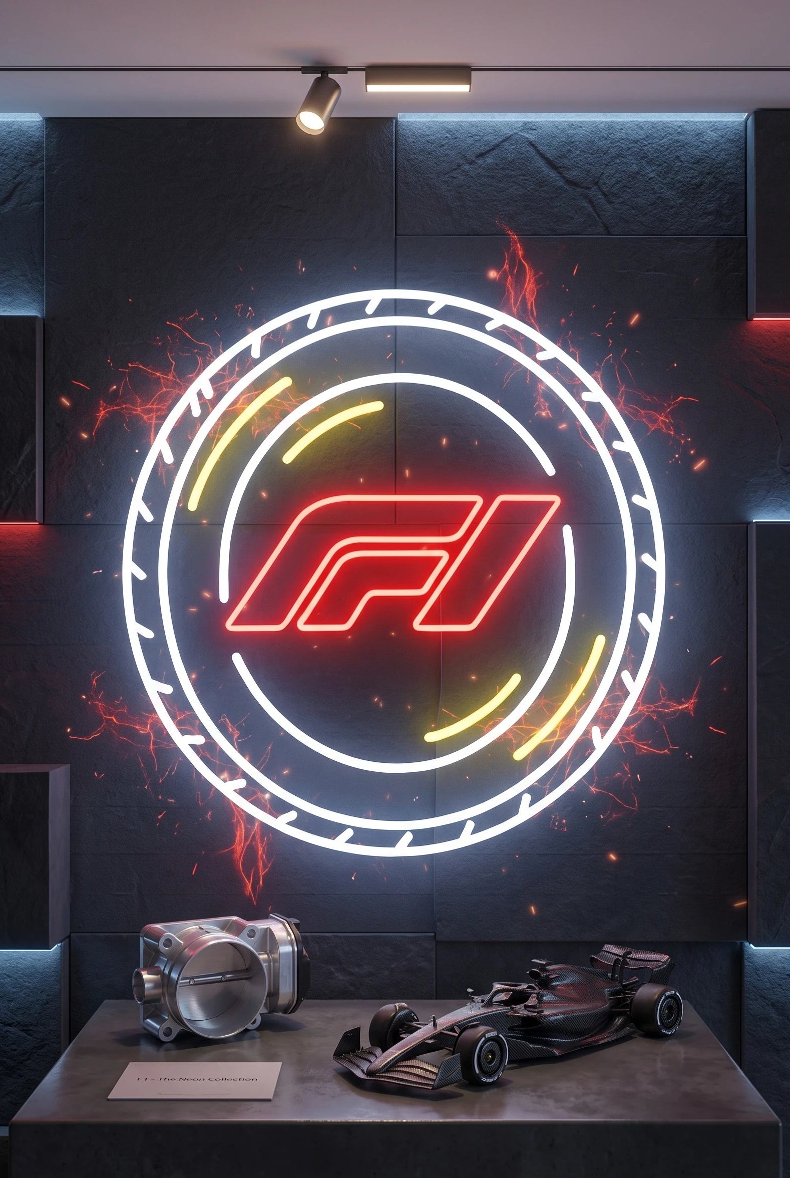 Néon LED mural logo F1 Formule 1 allumé, déco garage passionné de course