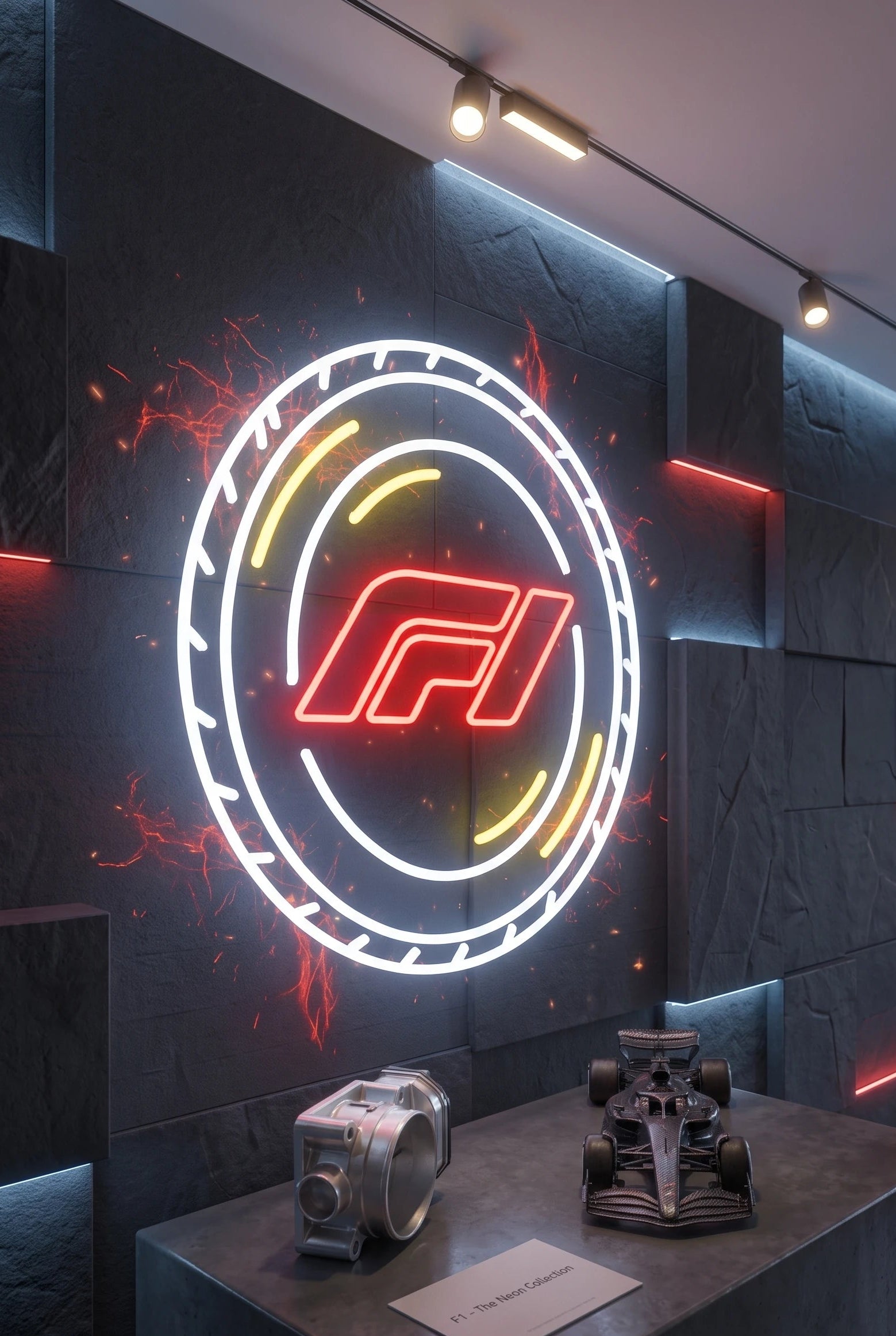 Néon LED mural logo F1 Formule 1 allumé, déco garage passionné de course