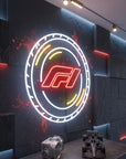 Néon LED mural logo F1 Formule 1 allumé, déco garage passionné de course
