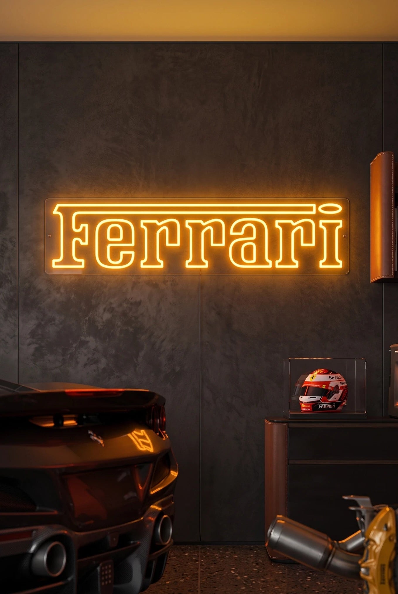 Néon LED mural logo Ferrari allumé dans un garage, déco supercar italienne