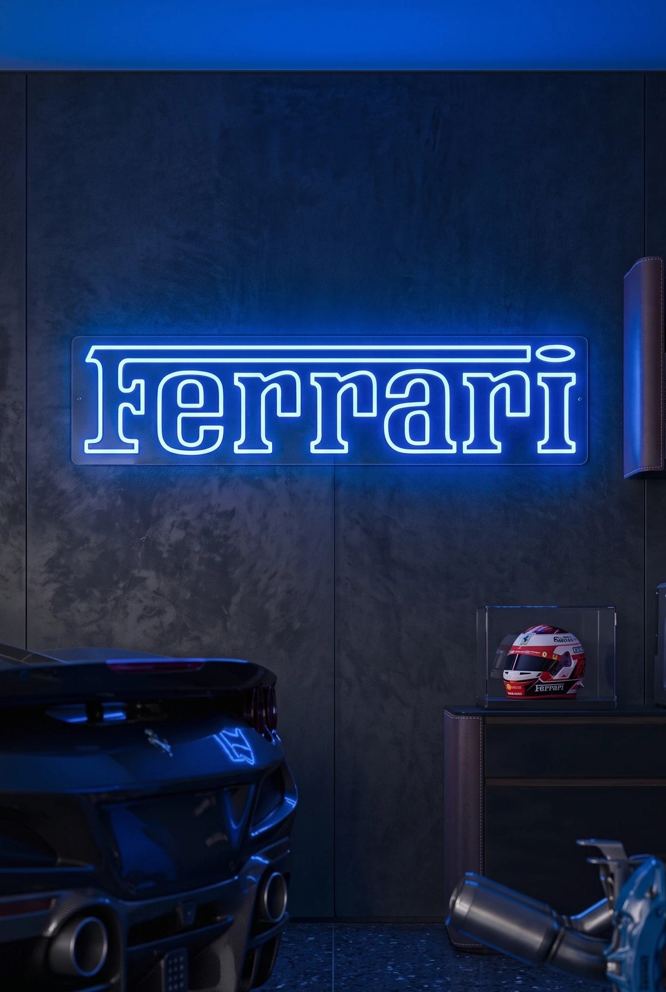 Néon LED mural logo Ferrari allumé dans un garage, déco supercar italienne