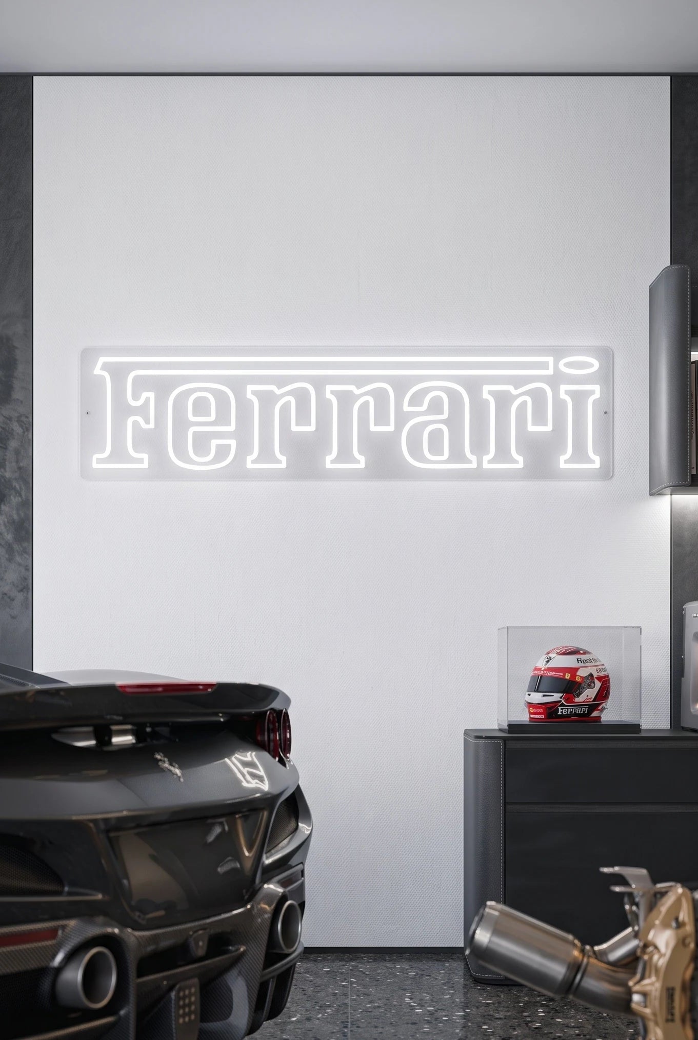 Néon LED mural logo Ferrari allumé dans un garage, déco supercar italienne