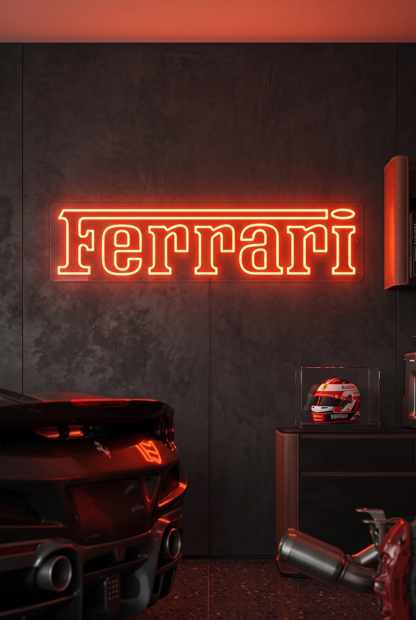 Néon LED mural logo Ferrari allumé dans un garage, déco supercar italienne