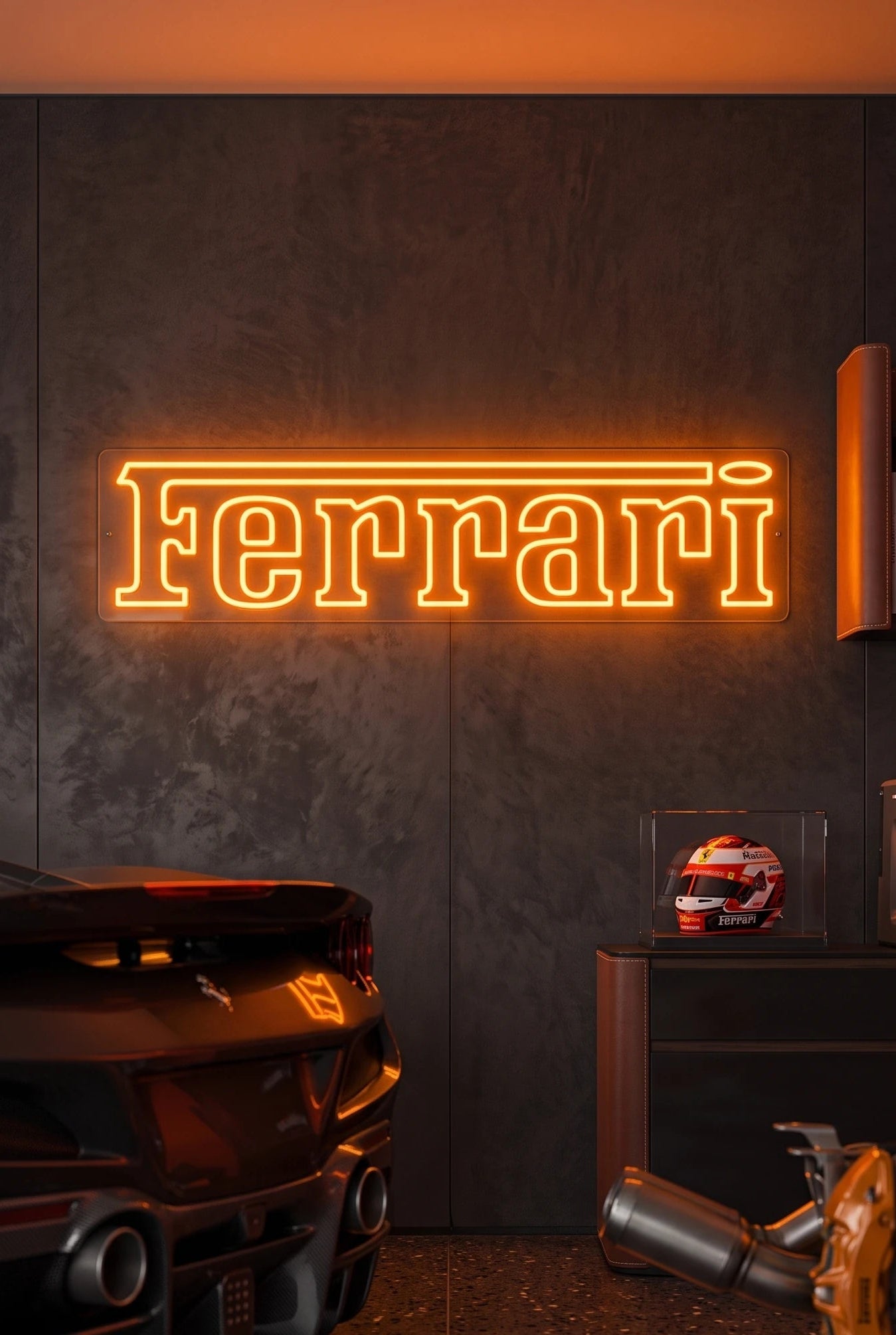 Néon LED mural logo Ferrari allumé dans un garage, déco supercar italienne
