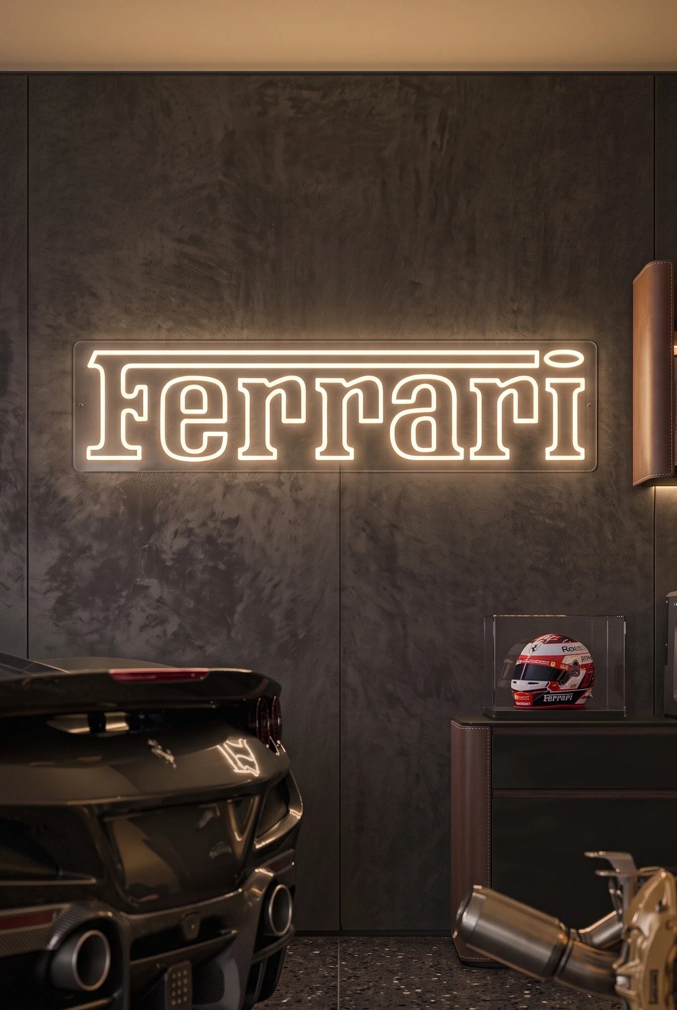 Néon LED mural logo Ferrari allumé dans un garage, déco supercar italienne