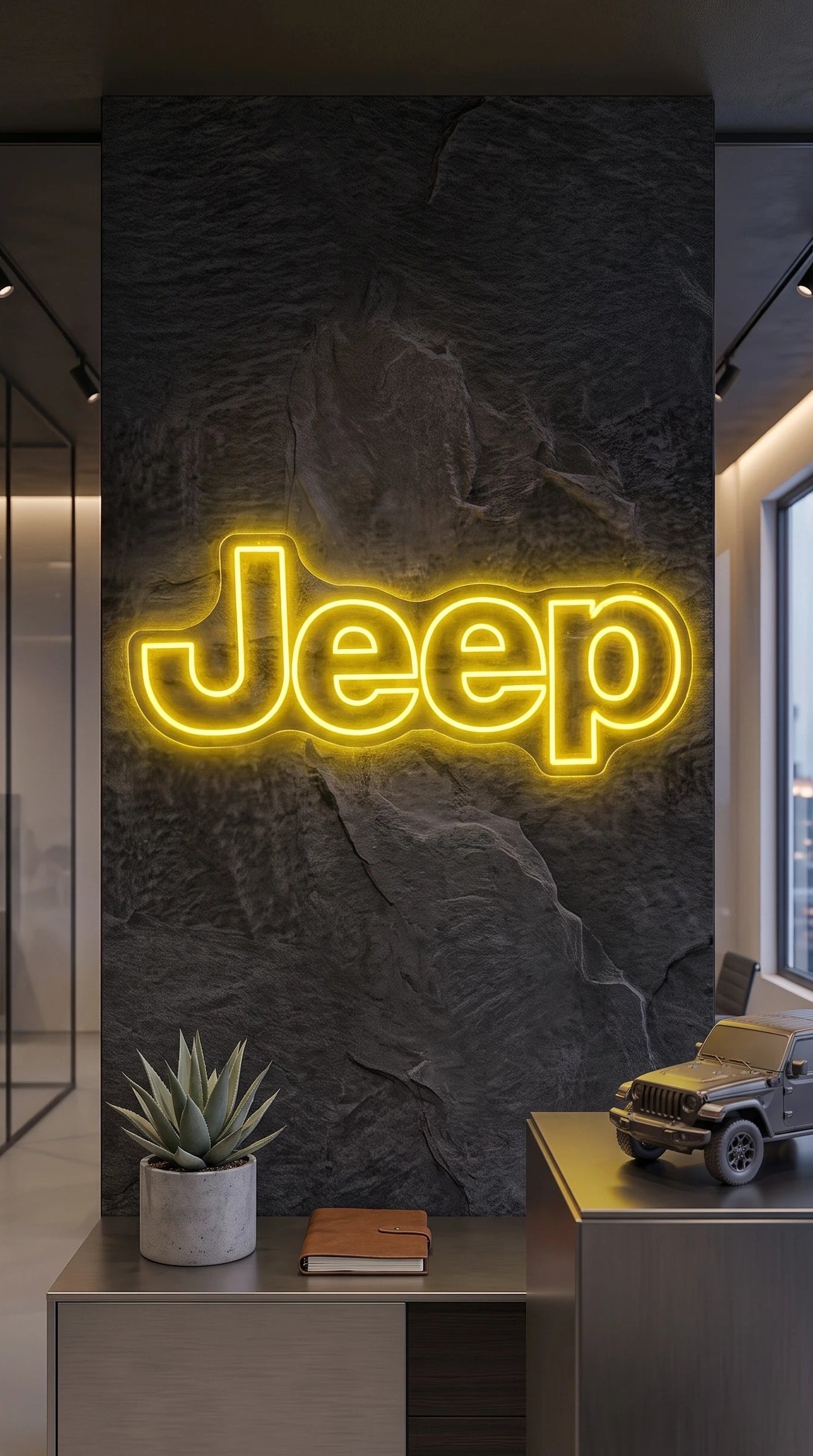 Néon LED mural logo Jeep allumé dans un intérieur, déco garage 4x4 tout-terrain