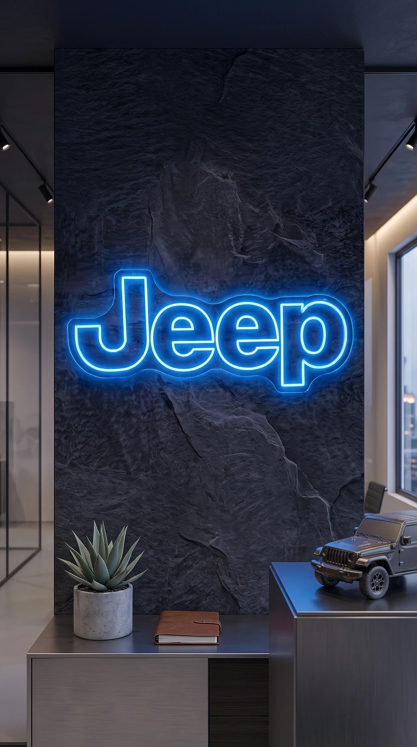 Néon LED mural logo Jeep allumé dans un intérieur, déco garage 4x4 tout-terrain