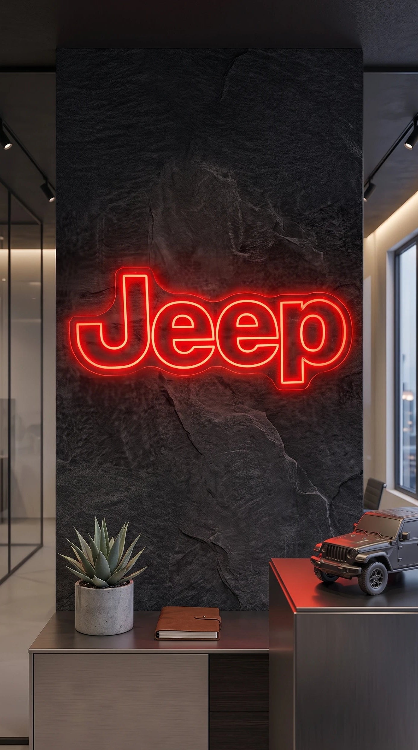 Néon LED mural logo Jeep allumé dans un intérieur, déco garage 4x4 tout-terrain