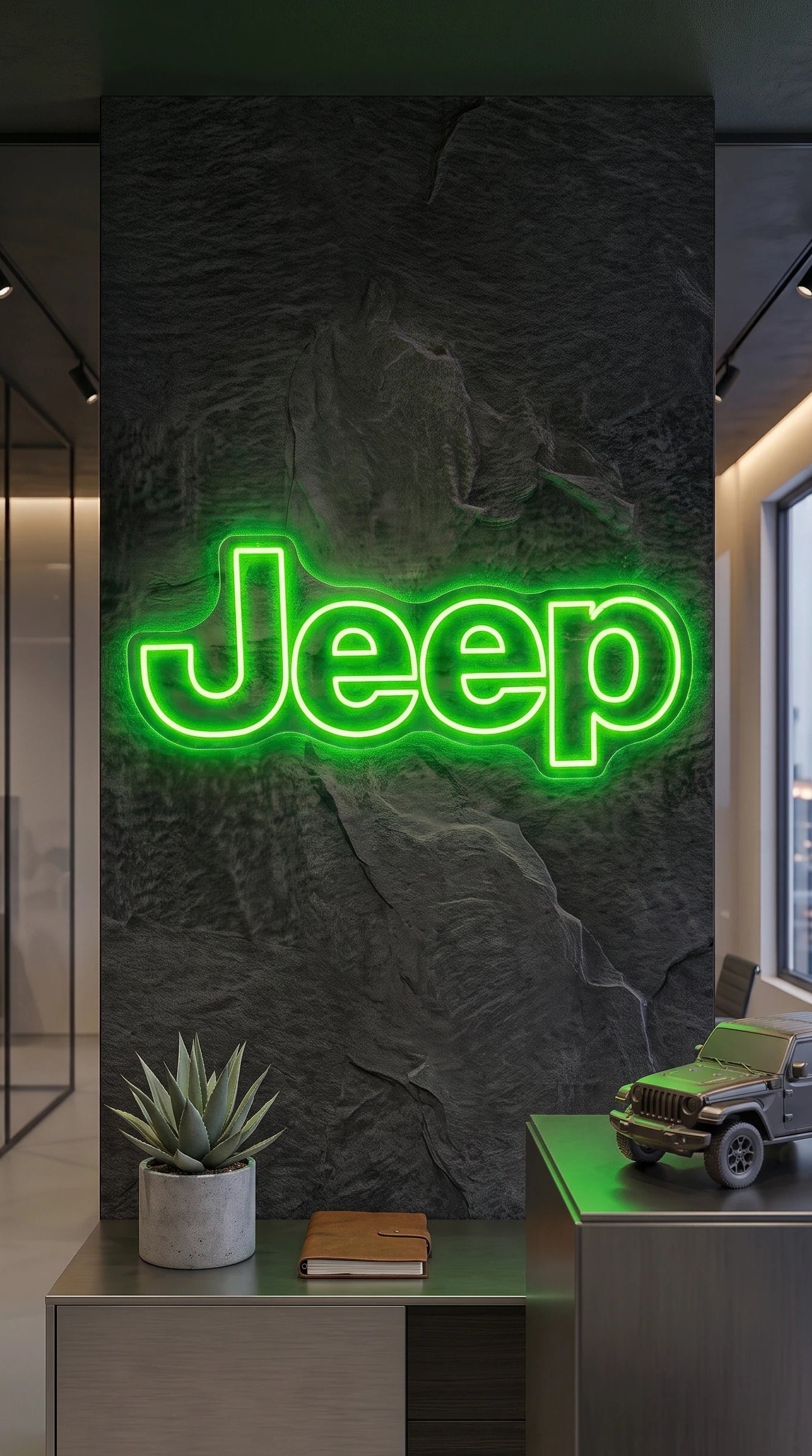 Néon LED mural logo Jeep allumé dans un intérieur, déco garage 4x4 tout-terrain