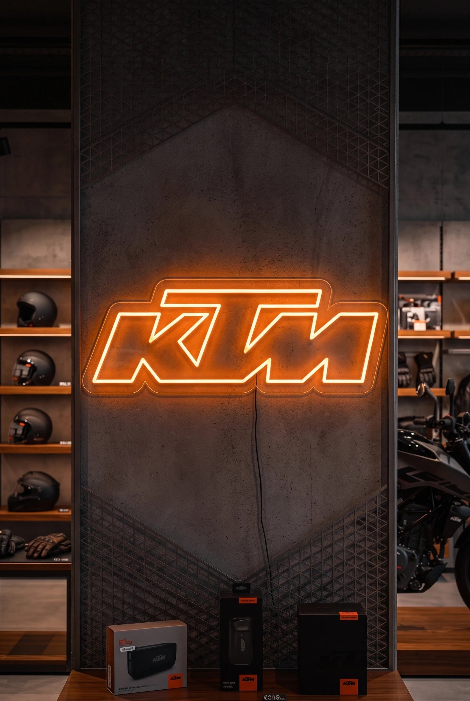 Néon LED mural logo KTM allumé dans un magasin moto, déco garage motard