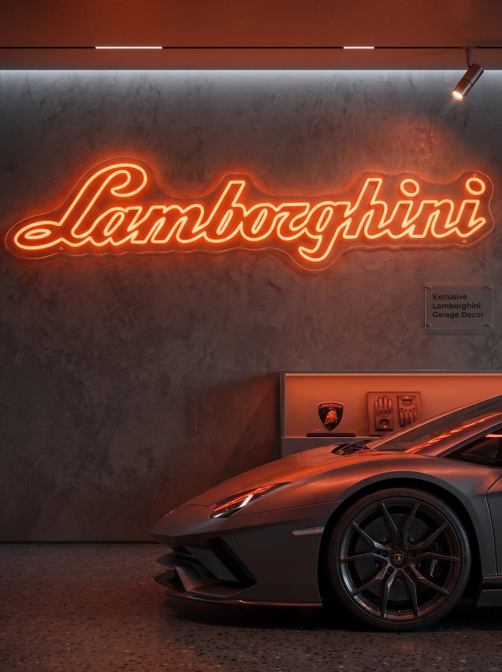 Néon LED mural logo Lamborghini allumé dans un garage, déco supercar italienne