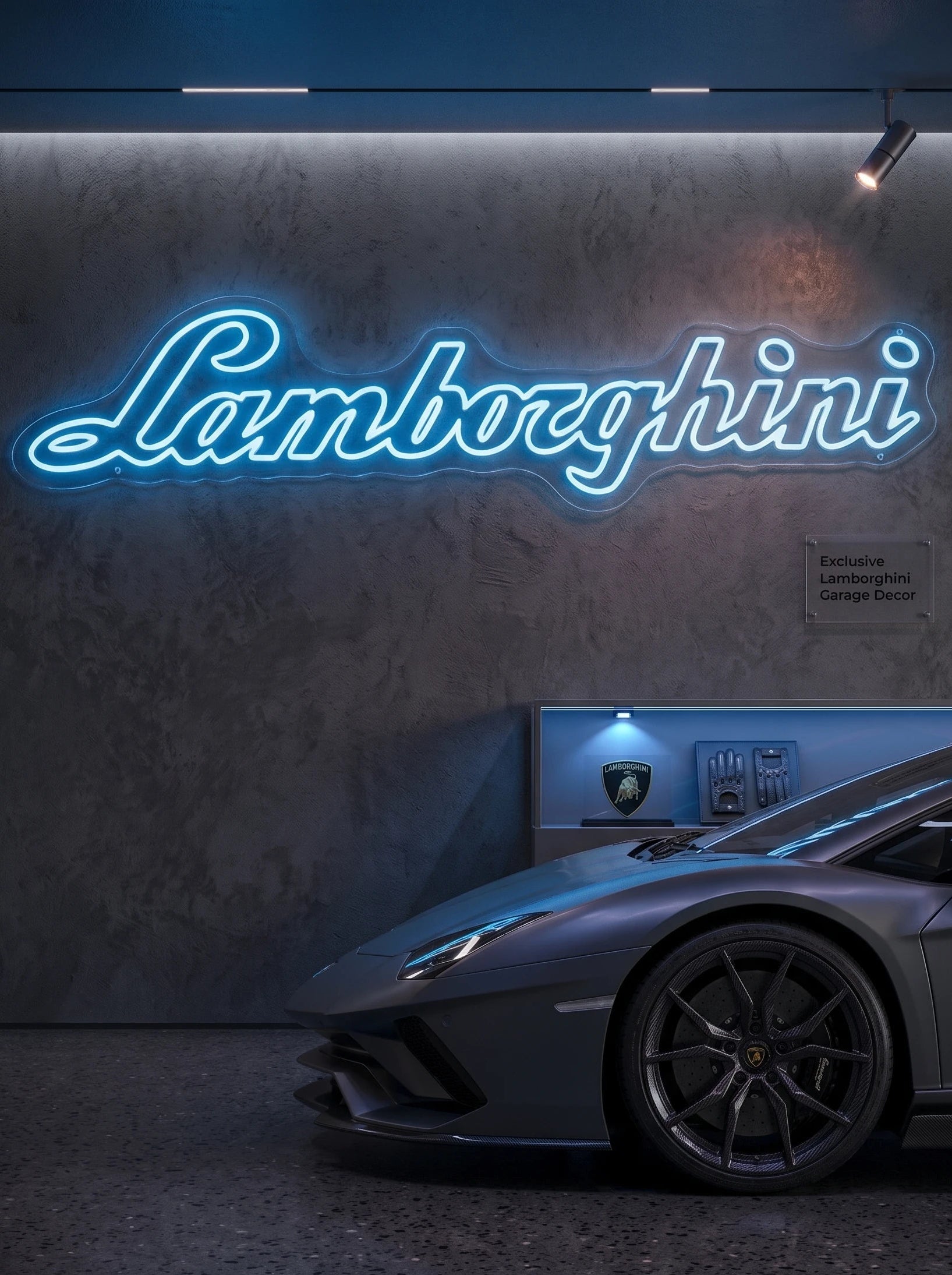 Néon LED mural logo Lamborghini allumé dans un garage, déco supercar italienne