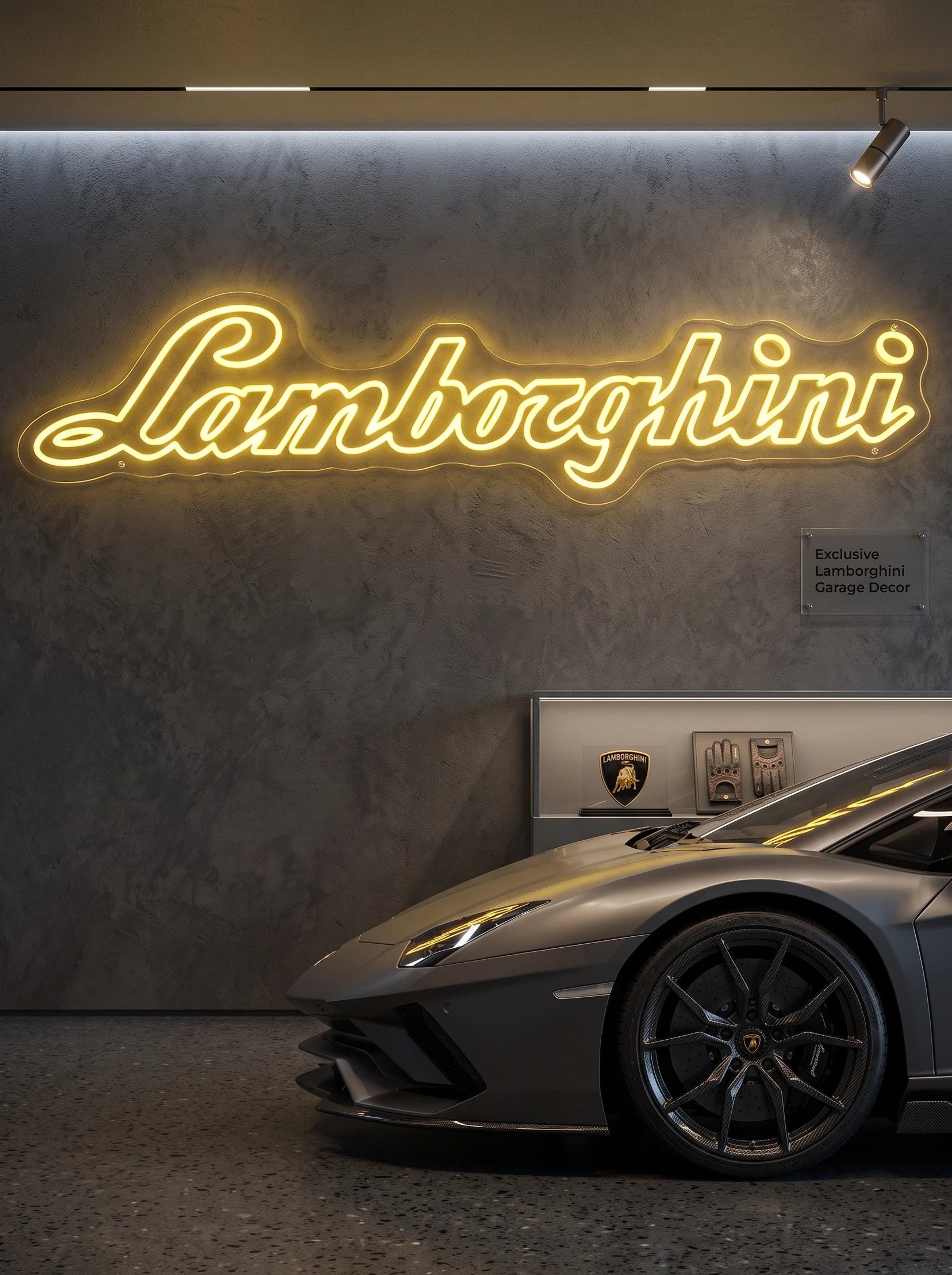 Néon LED mural logo Lamborghini allumé dans un garage, déco supercar italienne