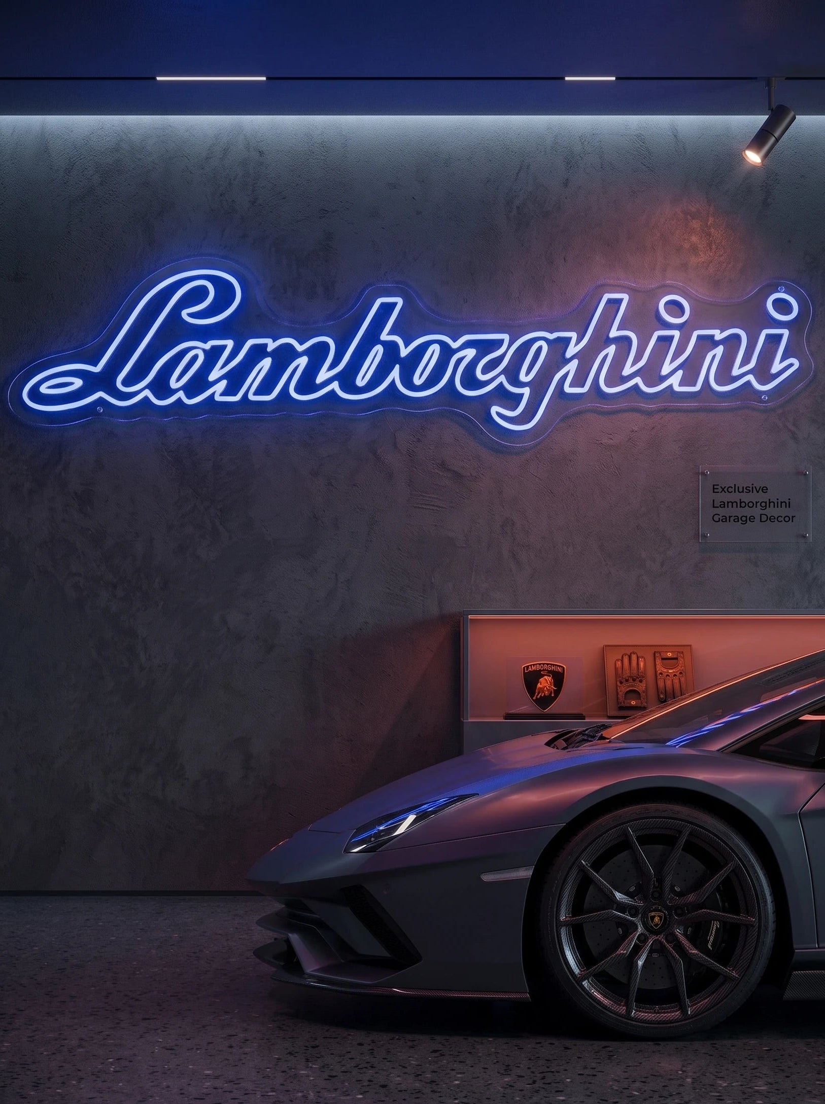 Néon LED mural logo Lamborghini allumé dans un garage, déco supercar italienne