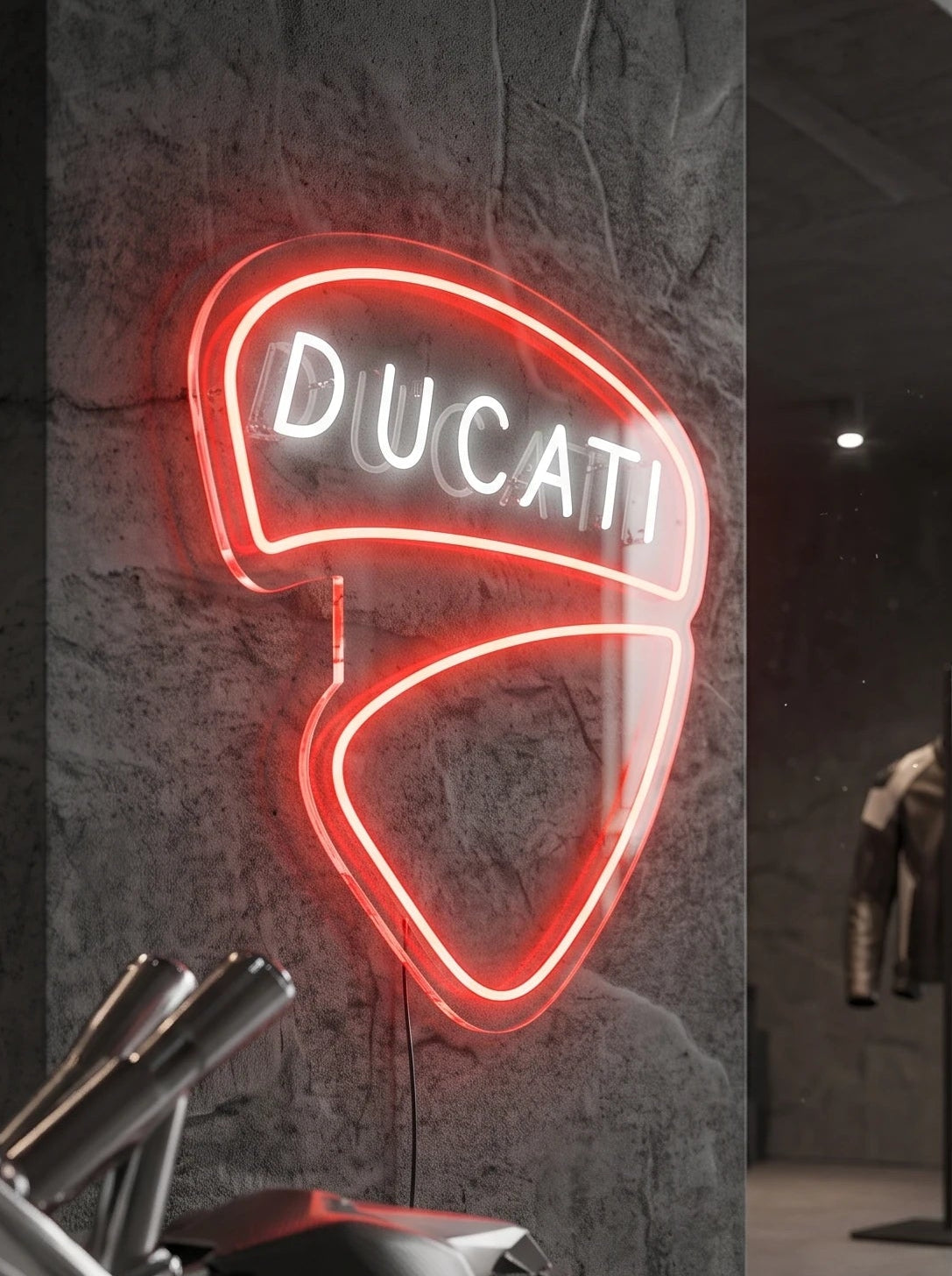 Néon LED mural logo Ducati allumé dans un garage moto, déco motard italien