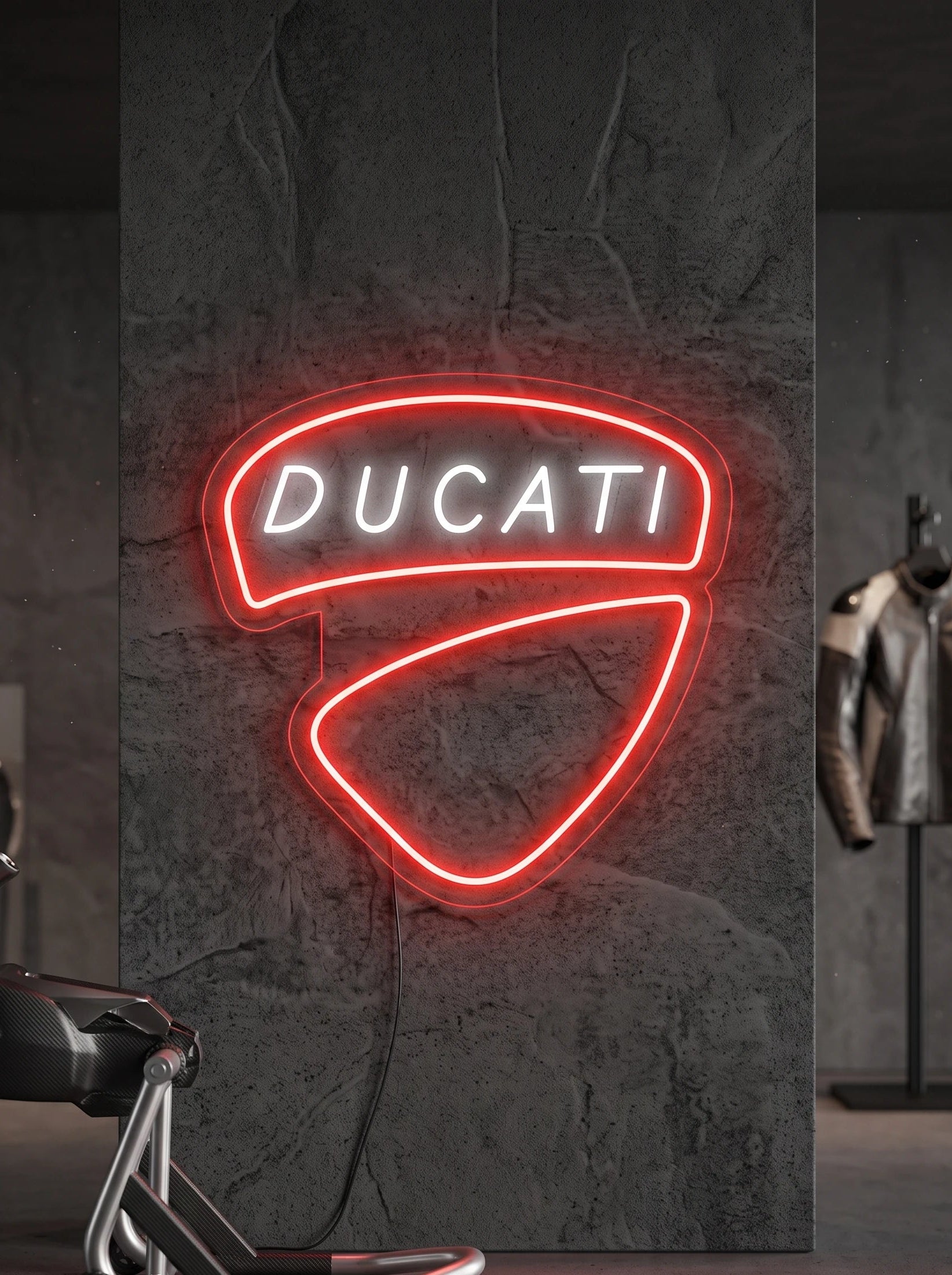 Néon LED mural logo Ducati allumé dans un garage moto, déco motard italien