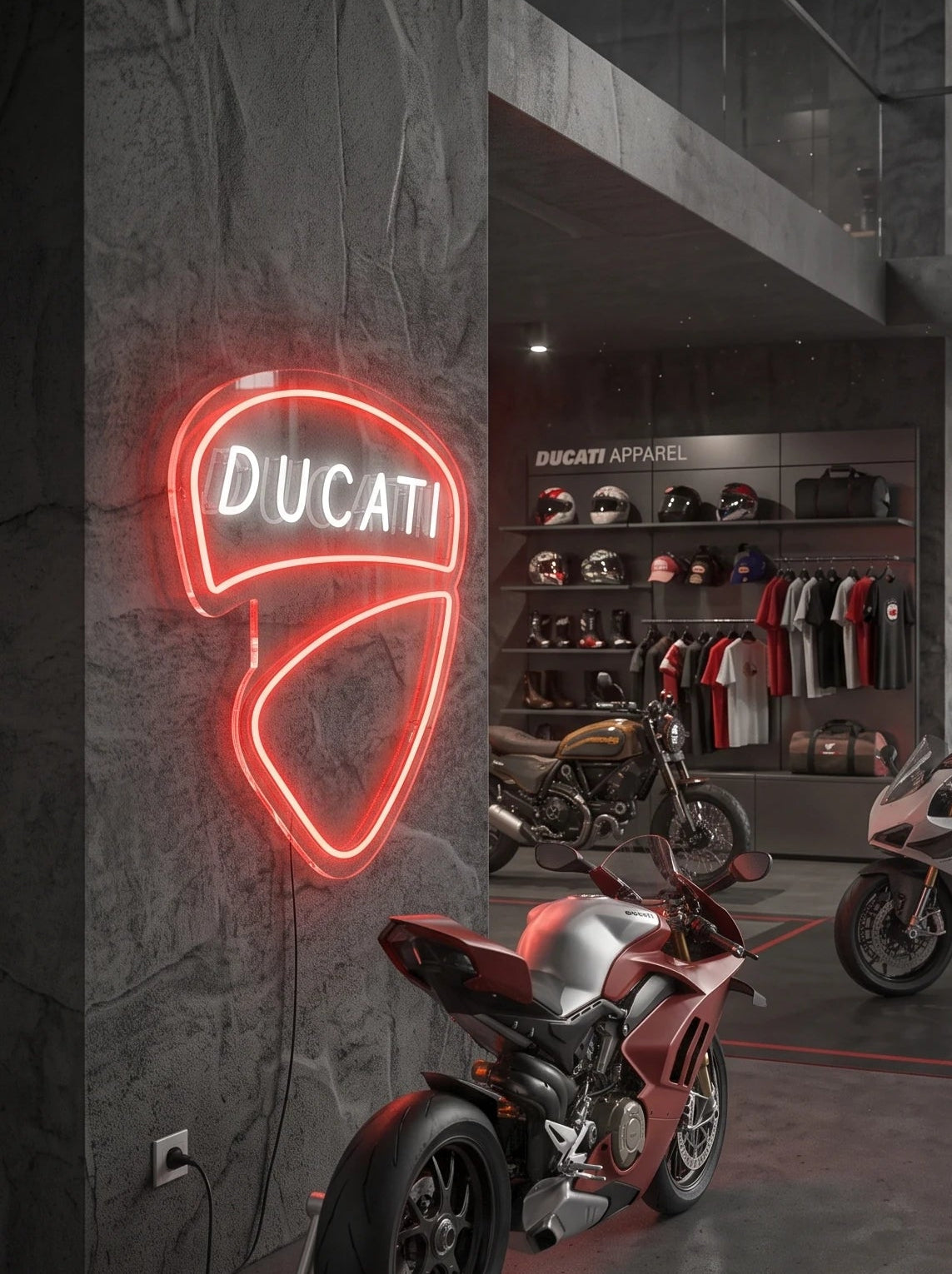 Néon LED mural logo Ducati allumé dans un garage moto, déco motard italien