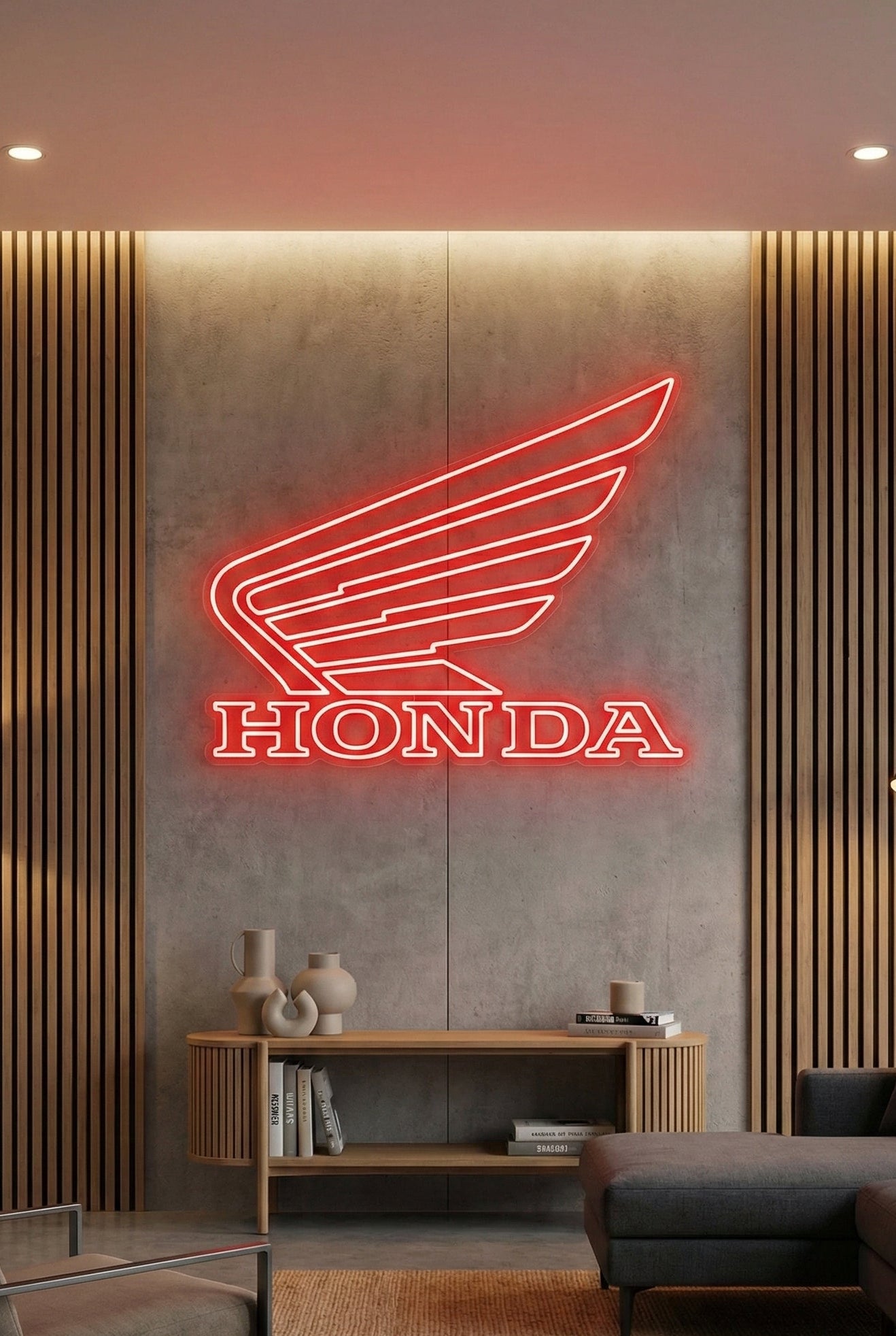 Néon LED mural logo Honda aile allumé dans un salon, déco garage moto