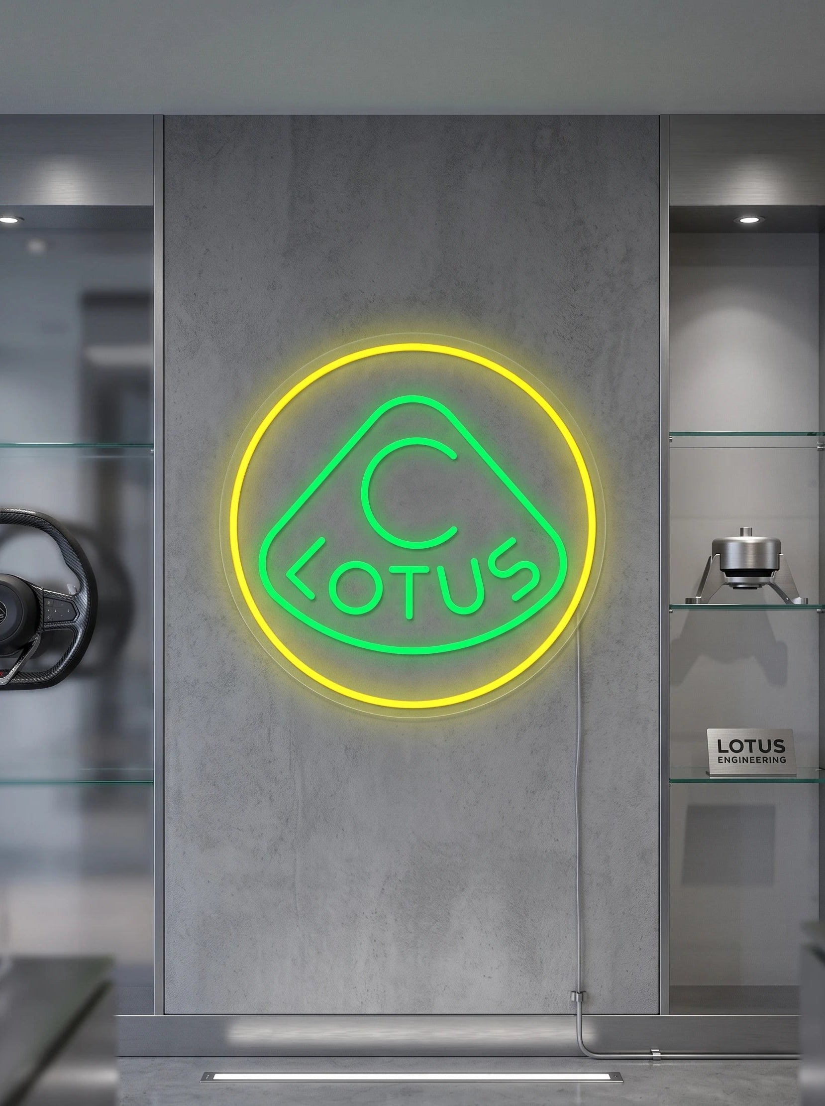 Néon LED mural logo Lotus allumé dans un intérieur, déco garage voiture de sport