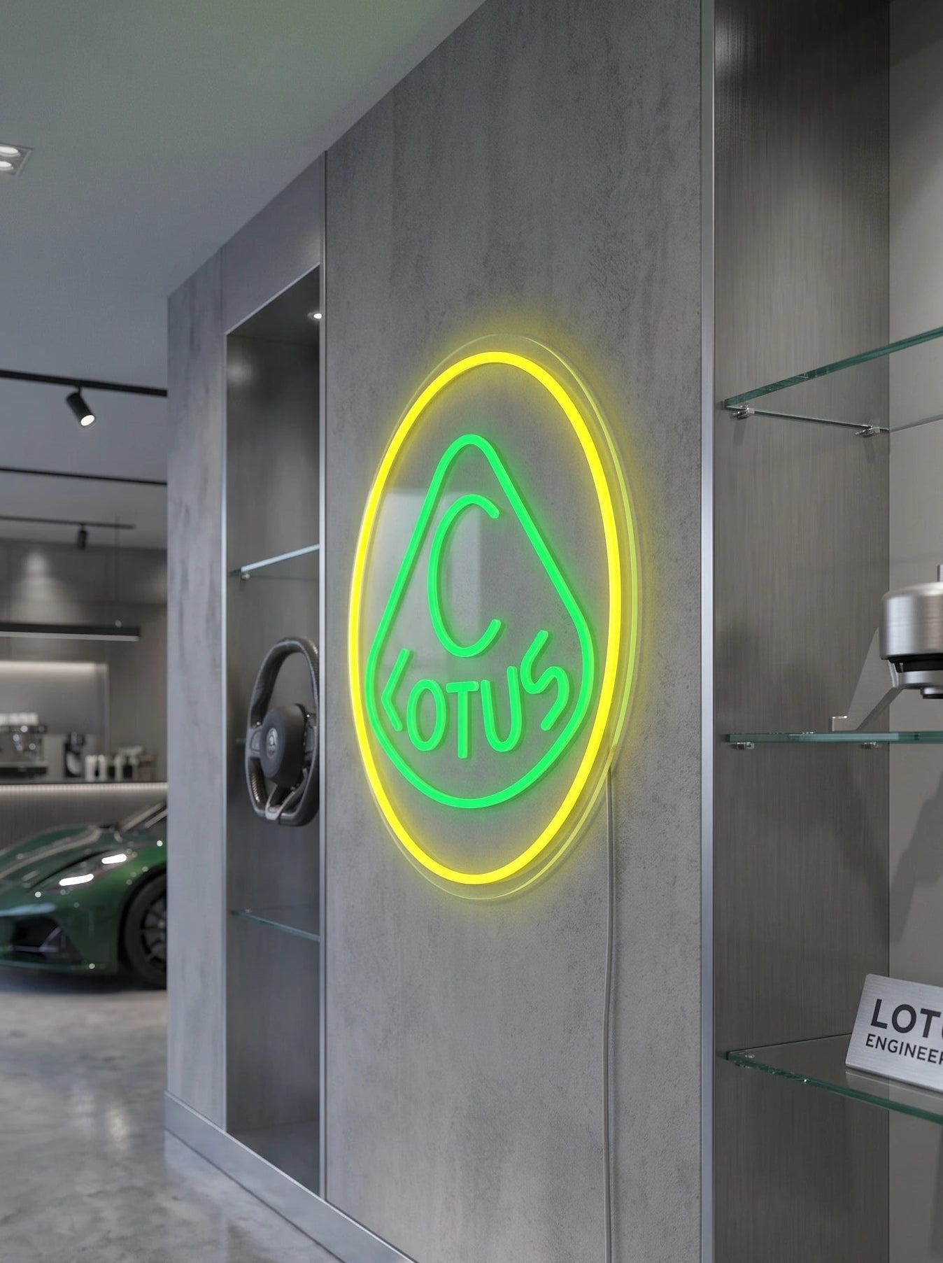 Néon LED mural logo Lotus allumé dans un intérieur, déco garage voiture de sport