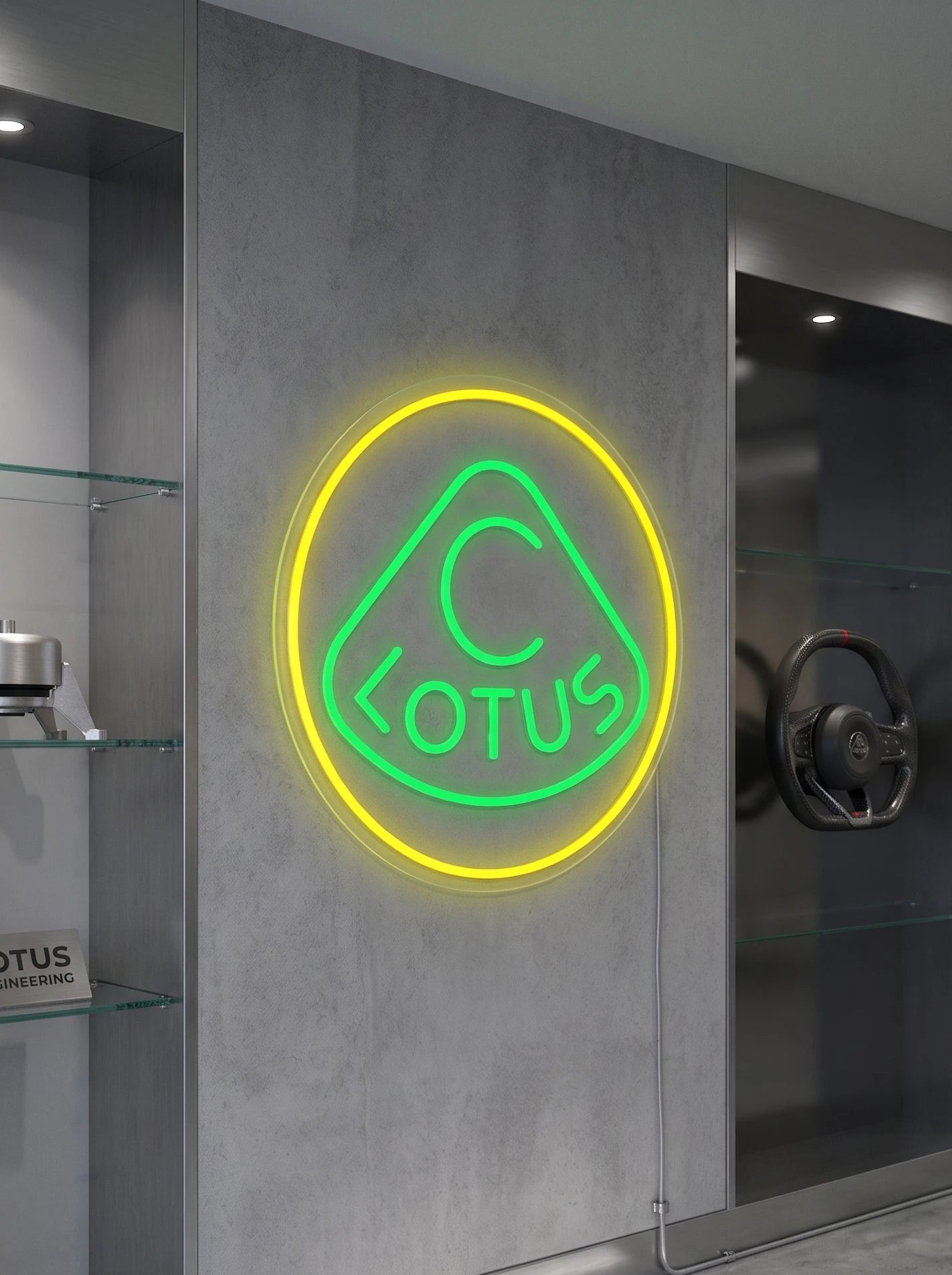Néon LED mural logo Lotus allumé dans un intérieur, déco garage voiture de sport