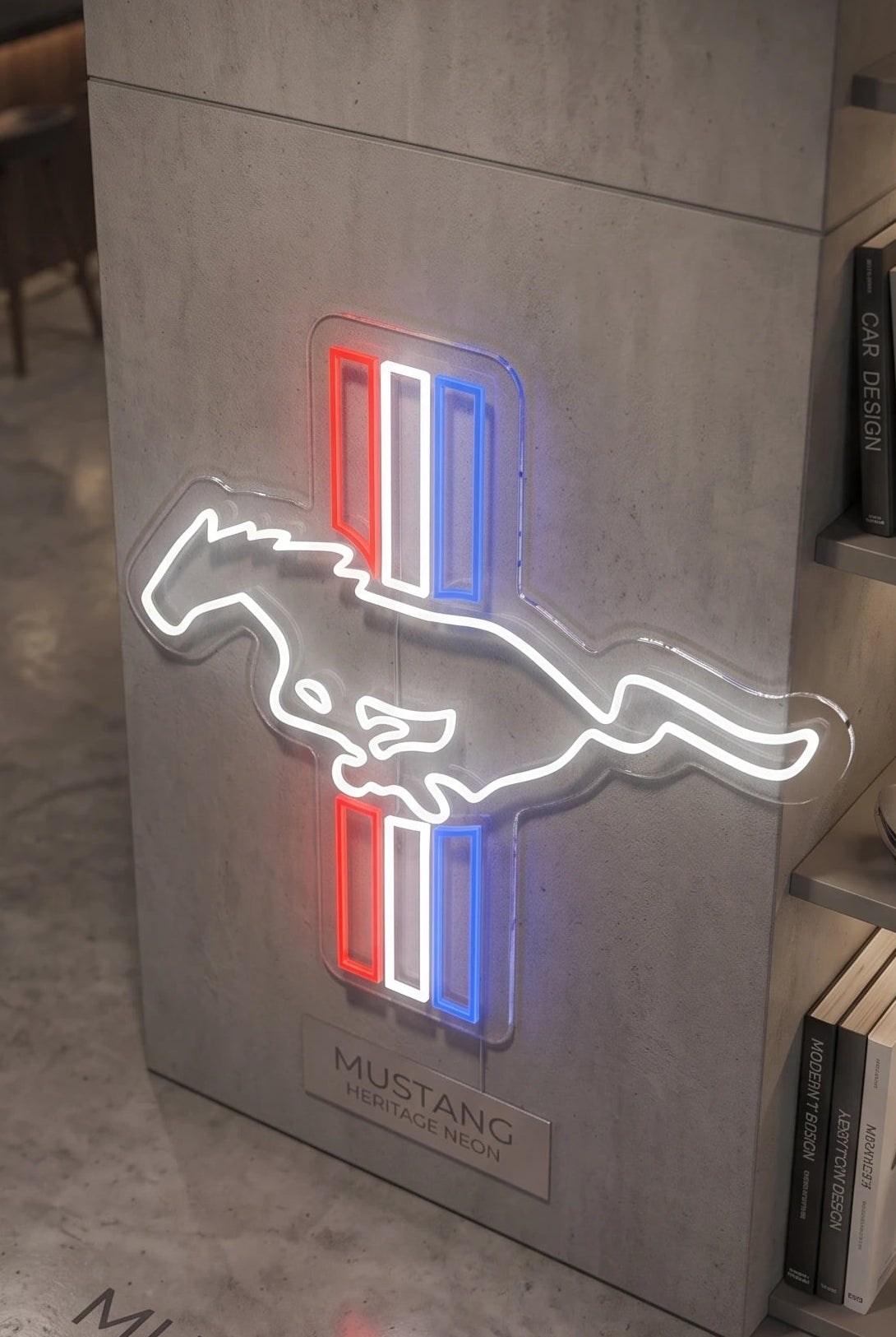 Néon LED mural logo Ford Mustang cheval au galop, déco garage muscle car
