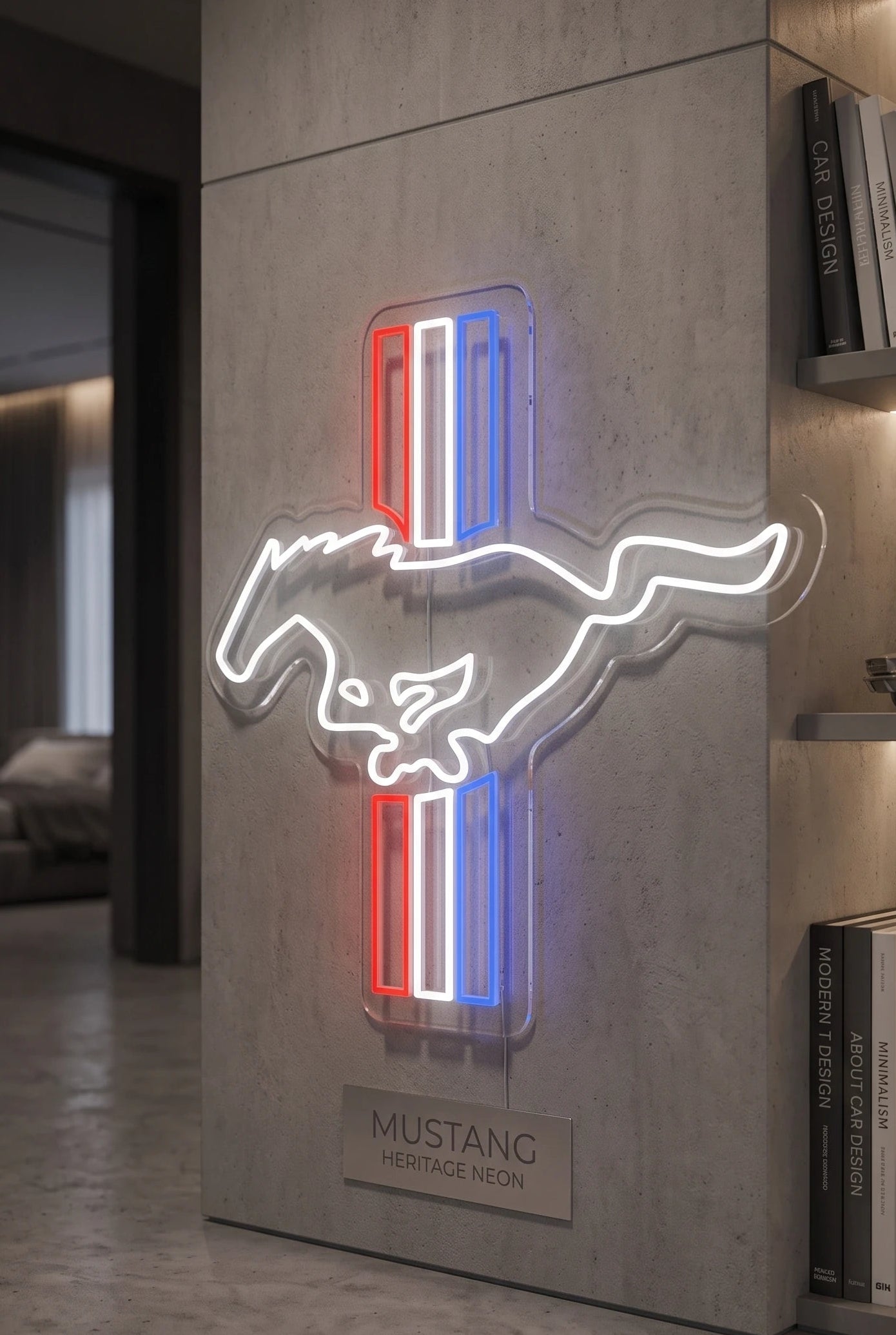 Néon LED mural logo Ford Mustang cheval au galop, déco garage muscle car