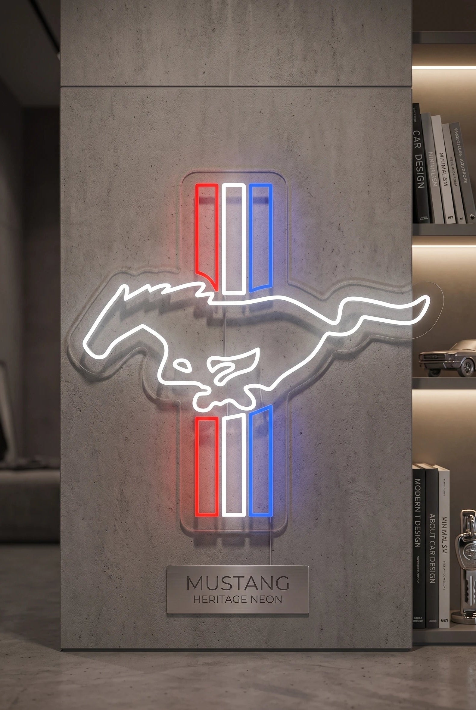 Néon LED mural logo Ford Mustang cheval au galop, déco garage muscle car