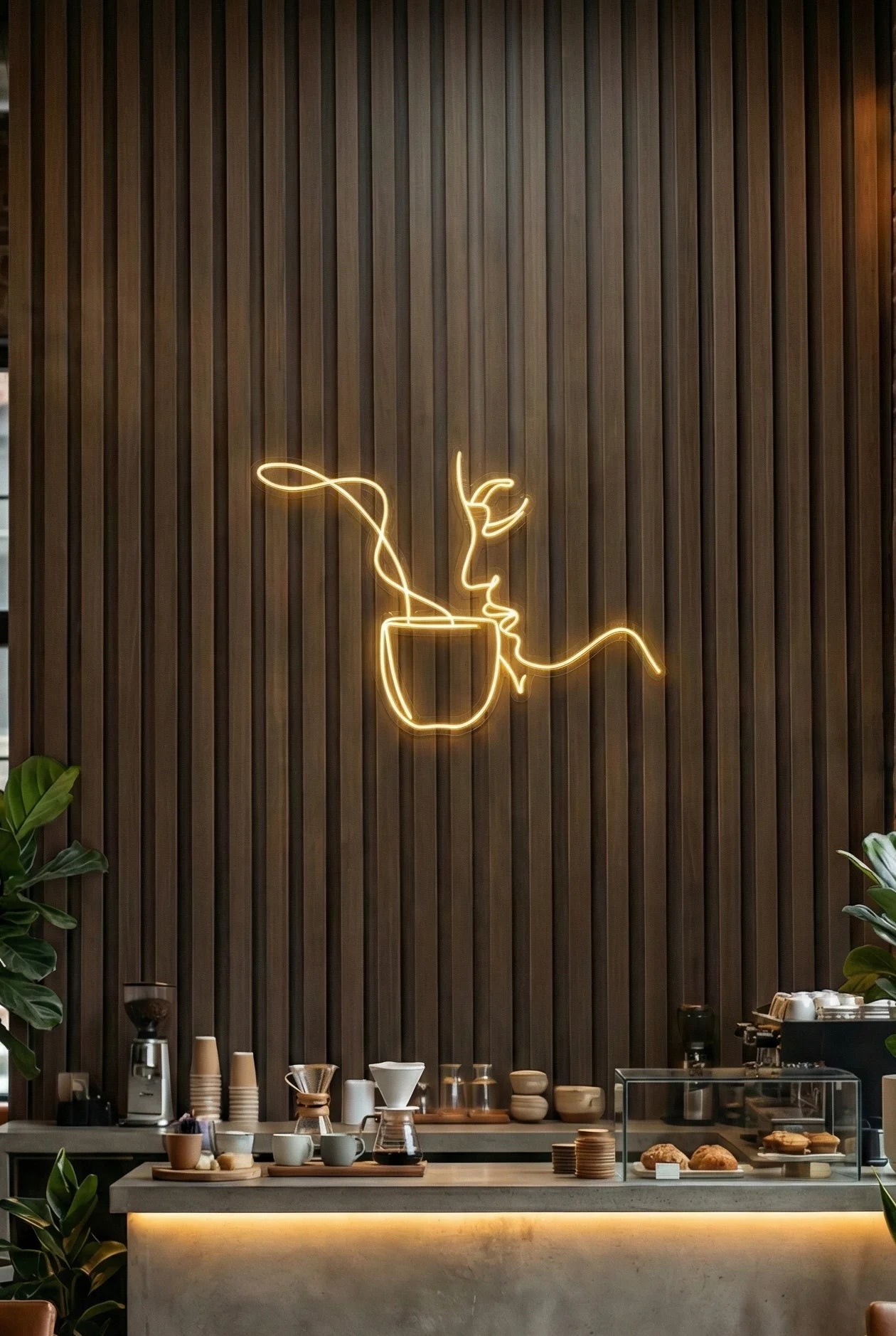 Néon LED mural tasse de café line art pour déco coffee shop et cuisine