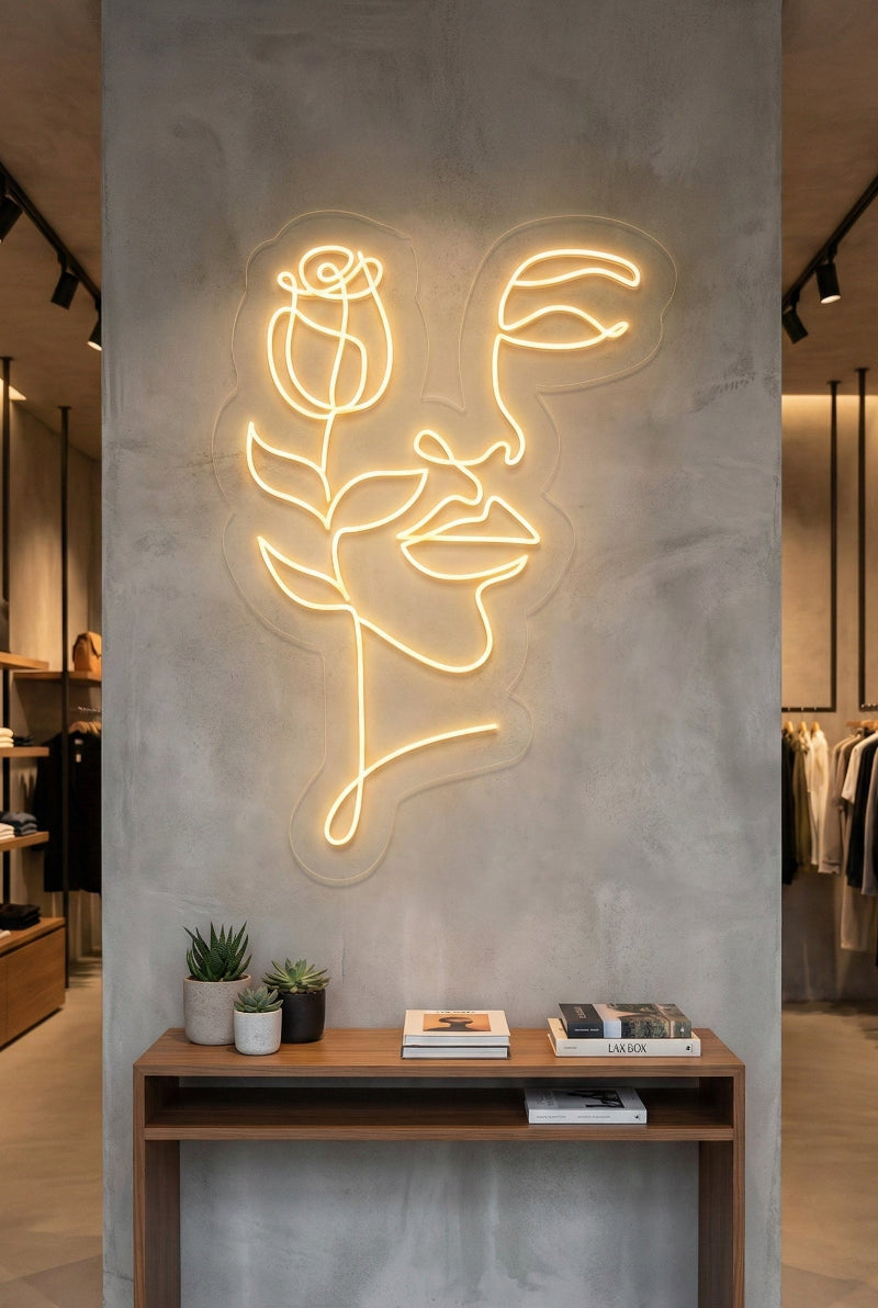 Néon LED mural visage de femme et rose line art pour déco murale élégante